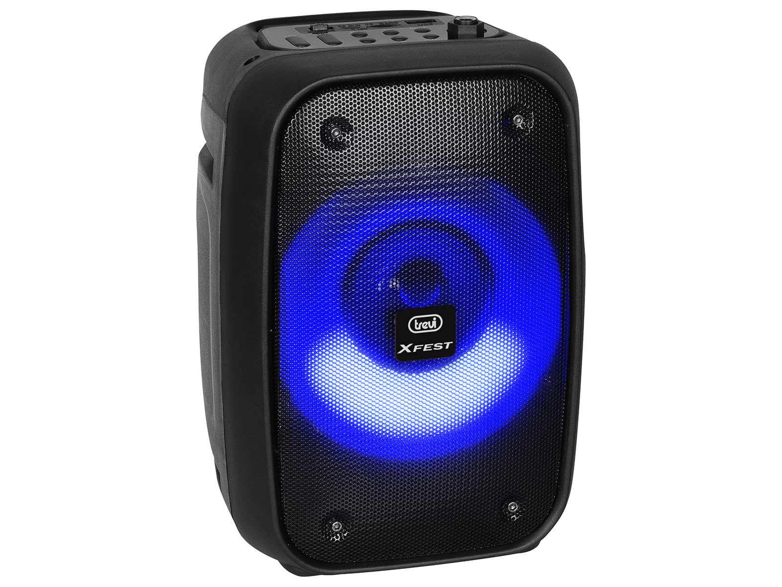 Zwarte luidspreker met blauw oplichtend midden. De luidspreker heeft knoppen bovenop en het merk 'trevi XFEST' is zichtbaar.
