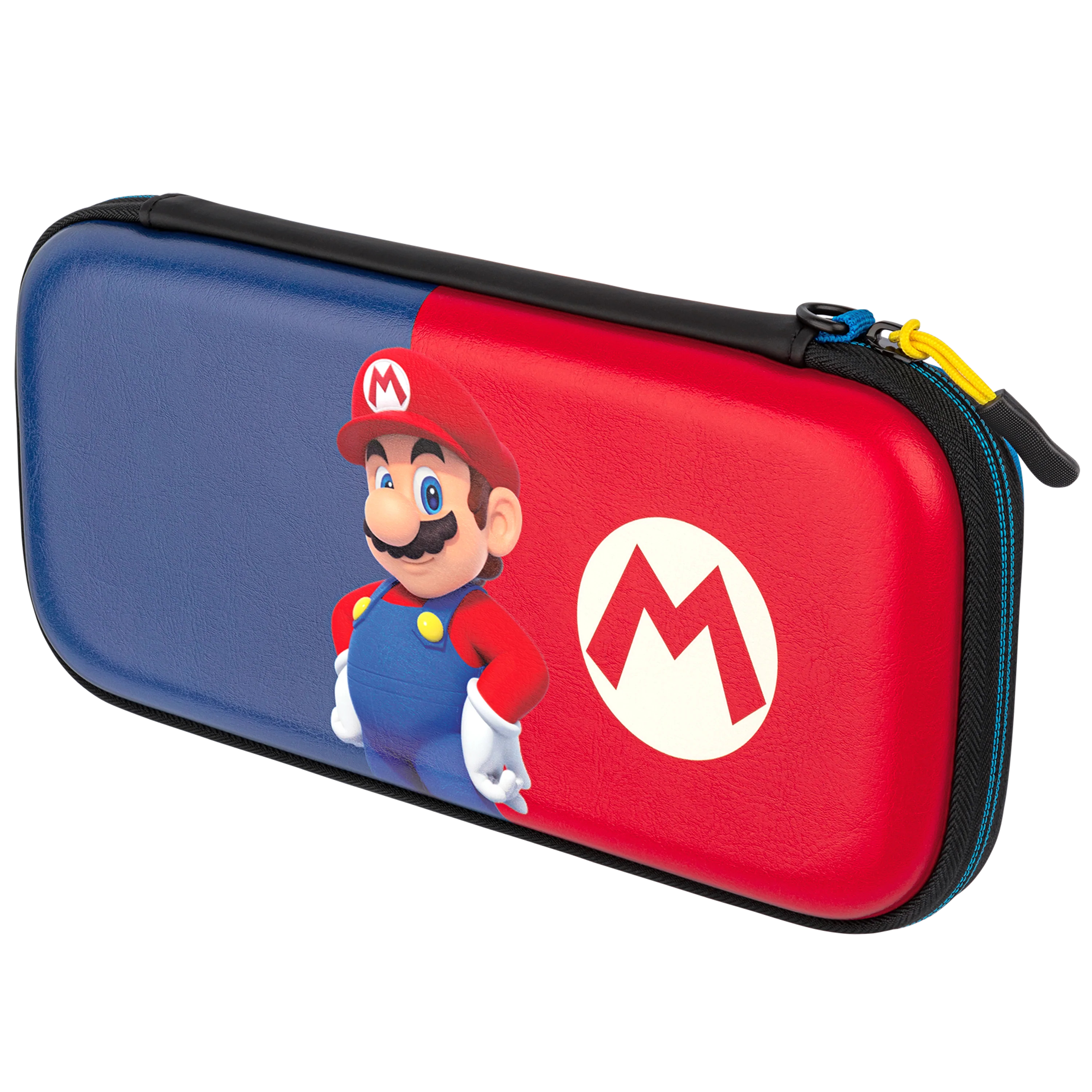 Niebiesko-czerwone etui z Mario, logo 'M' i czarnym zamkiem błyskawicznym z niebieskimi i żółtymi akcentami.