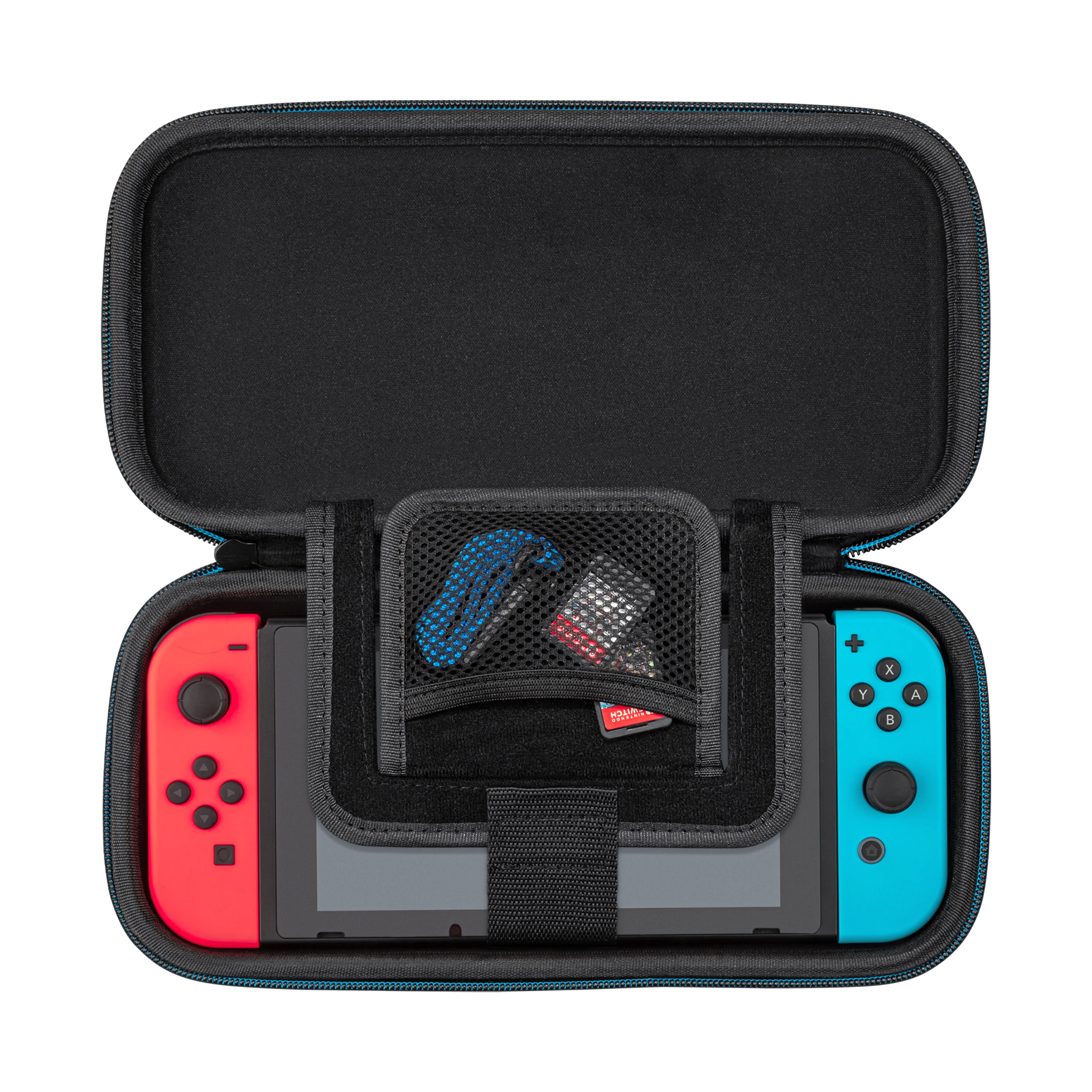 Otwarta obudowa Switch z przełącznikiem w środku. Czerwone i niebieskie kontrolery. Niebieska kieszeń z siatki.