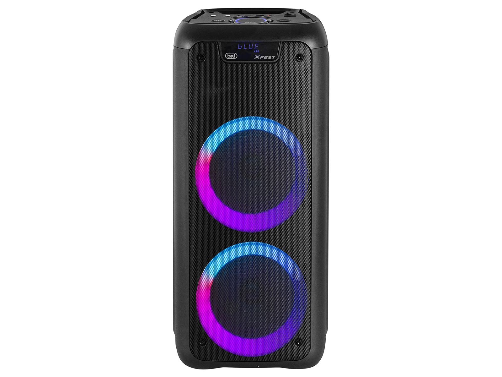 Altavoz negro con dos círculos brillantes. Arriba hay texto azul que dice 'BLUE'. Los círculos son multicolores.
