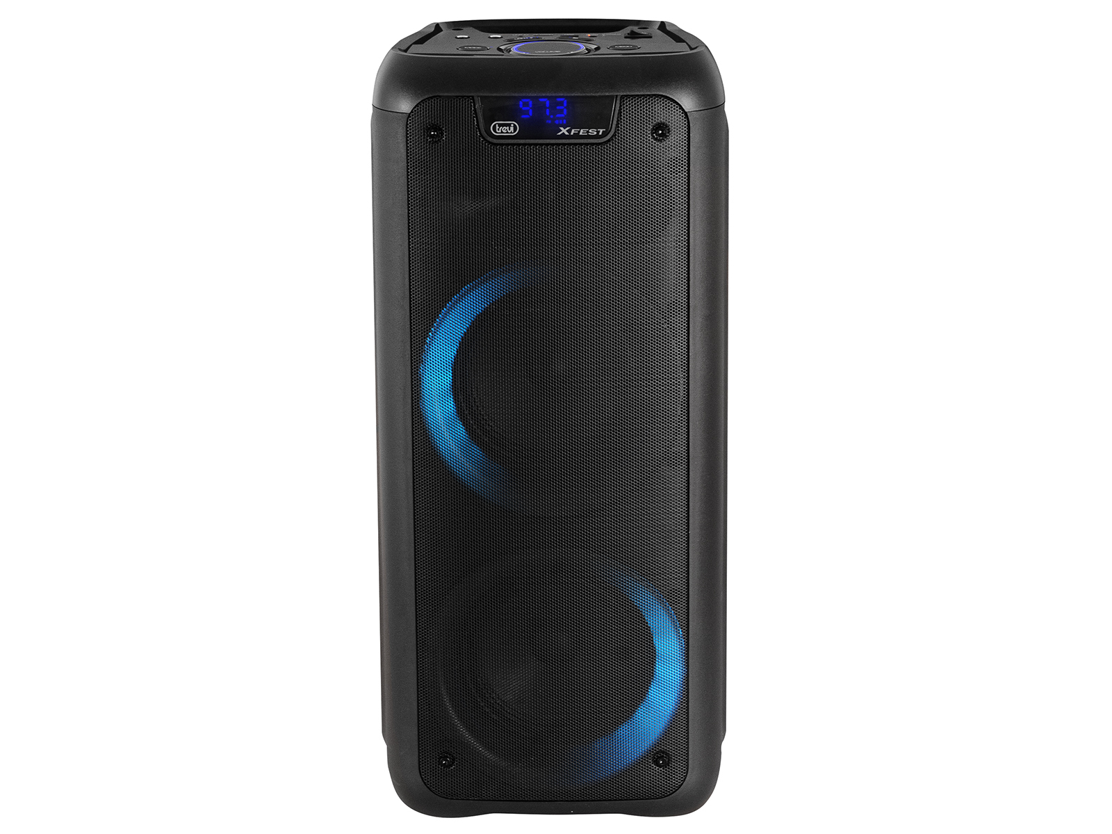 Un altavoz negro Trevi XFEST con anillos LED azules. Muestra '97.3' en una pequeña pantalla.