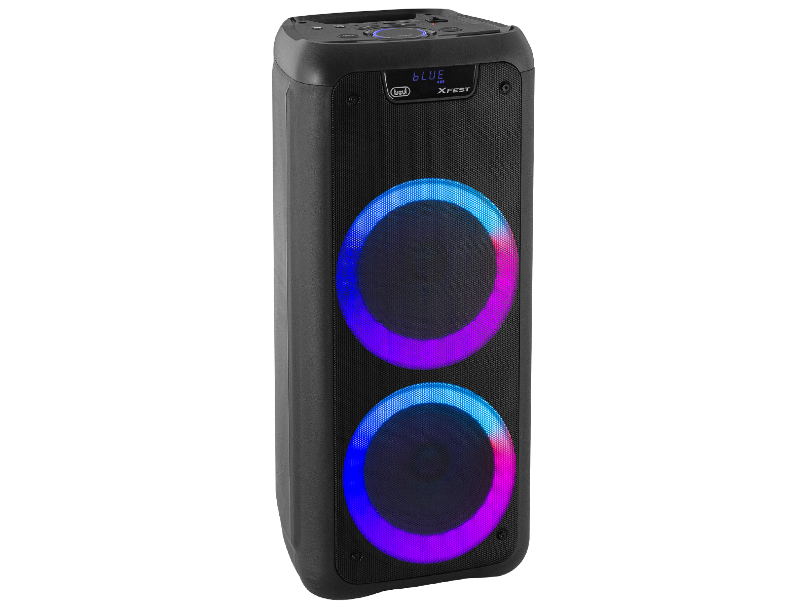 Altavoz negro con dos círculos brillantes. Los círculos tienen luces azules y moradas. El altavoz está sobre un fondo blanco.