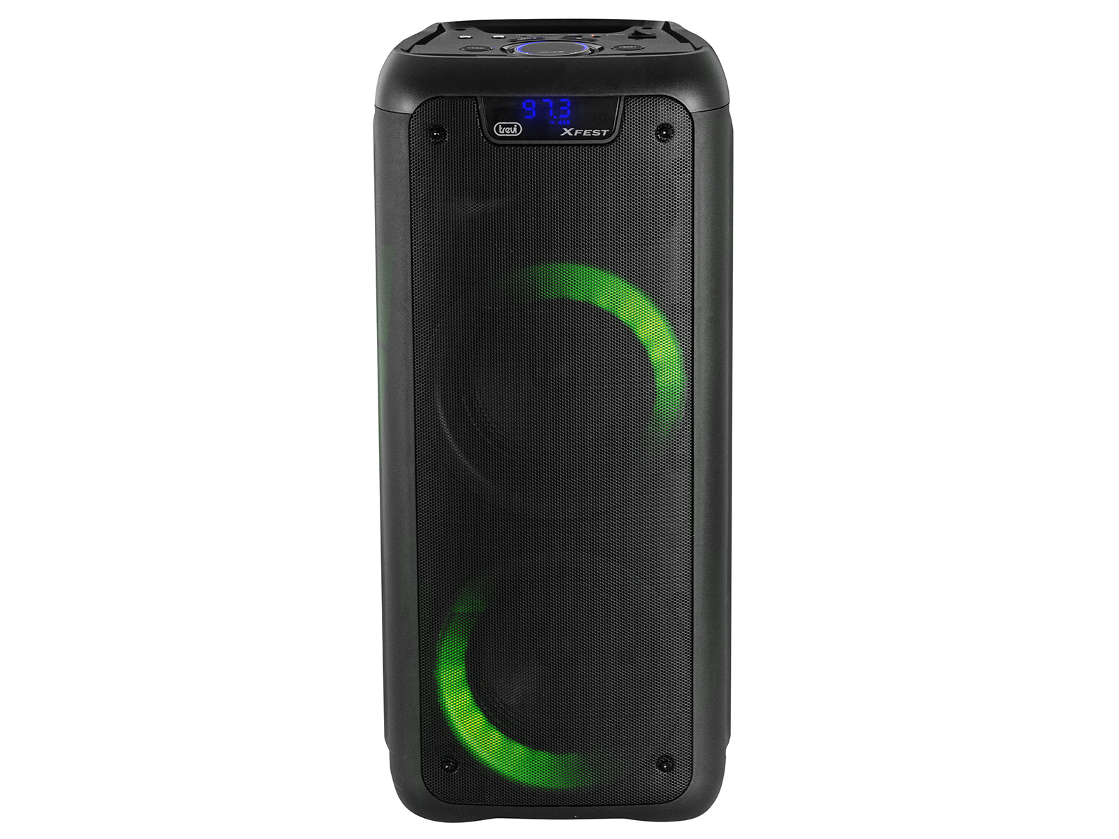 Altavoz negro con anillos verdes brillantes. Tiene una pantalla con números. La marca es XFEST.
