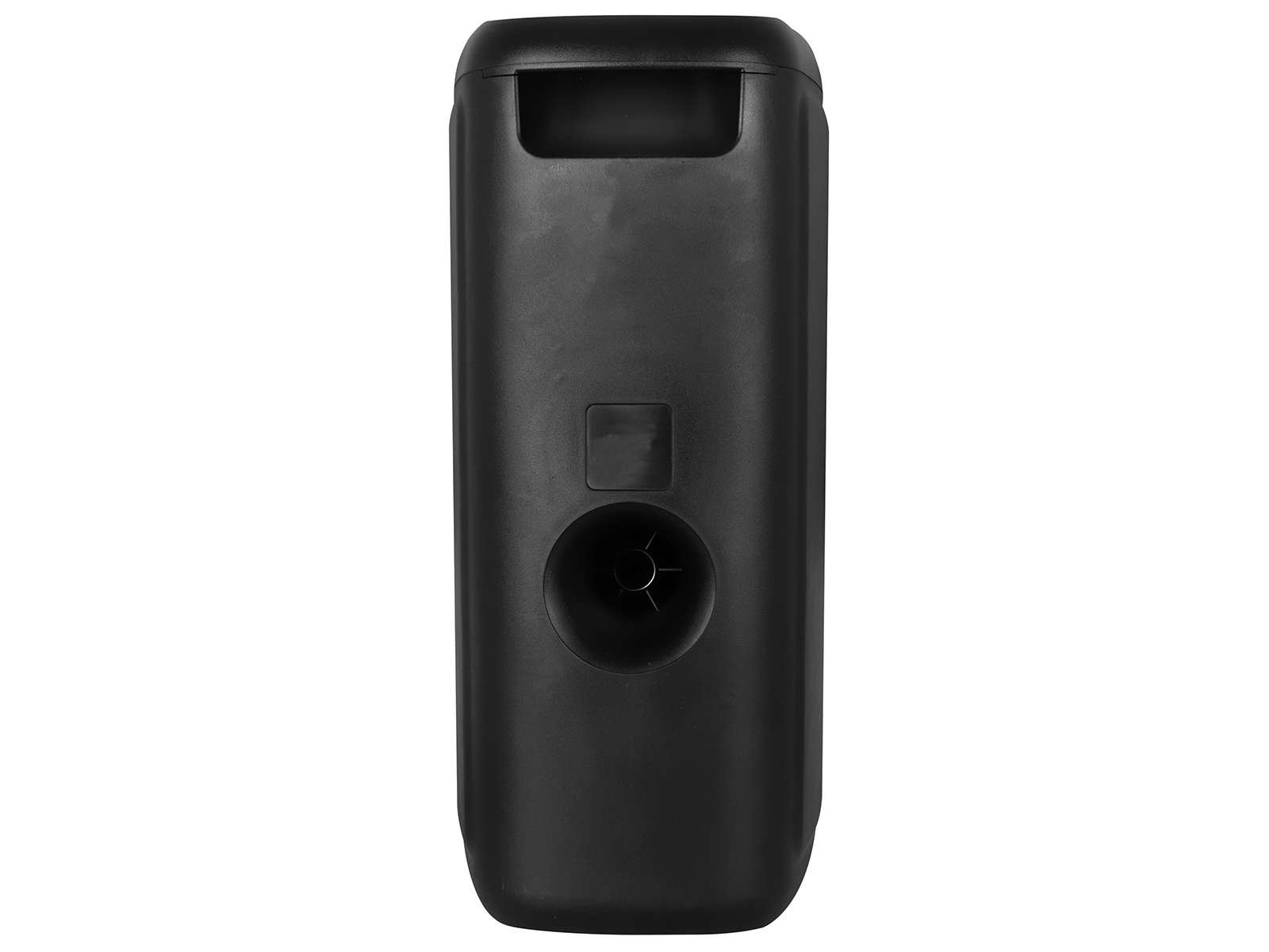 Un altavoz negro con asa en la parte superior, un botón cuadrado y una salida de altavoz circular.