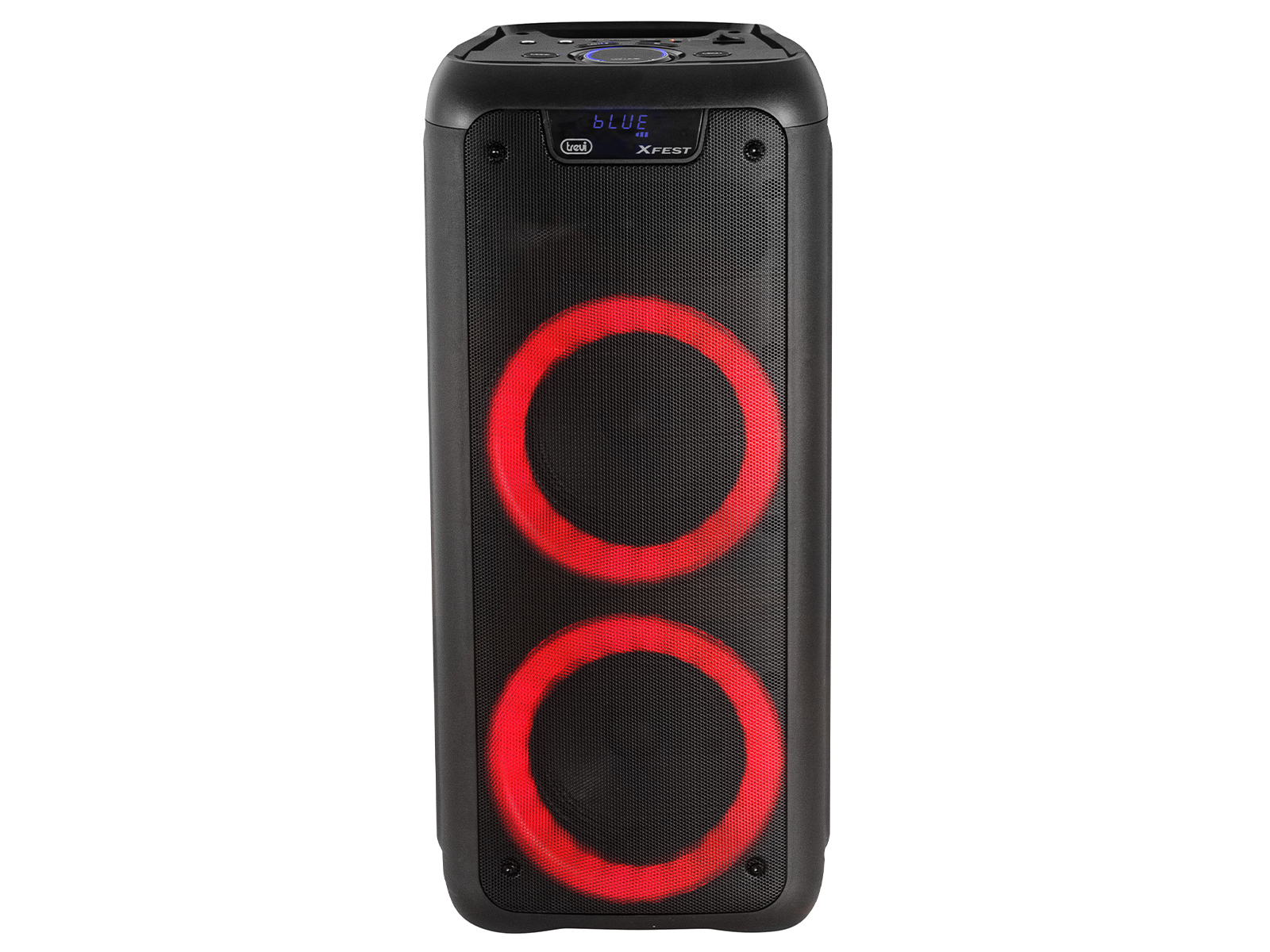Altavoz negro con dos círculos rojos brillantes. Tiene una pantalla que muestra 'BLUE'. La marca es 'XFEST'.