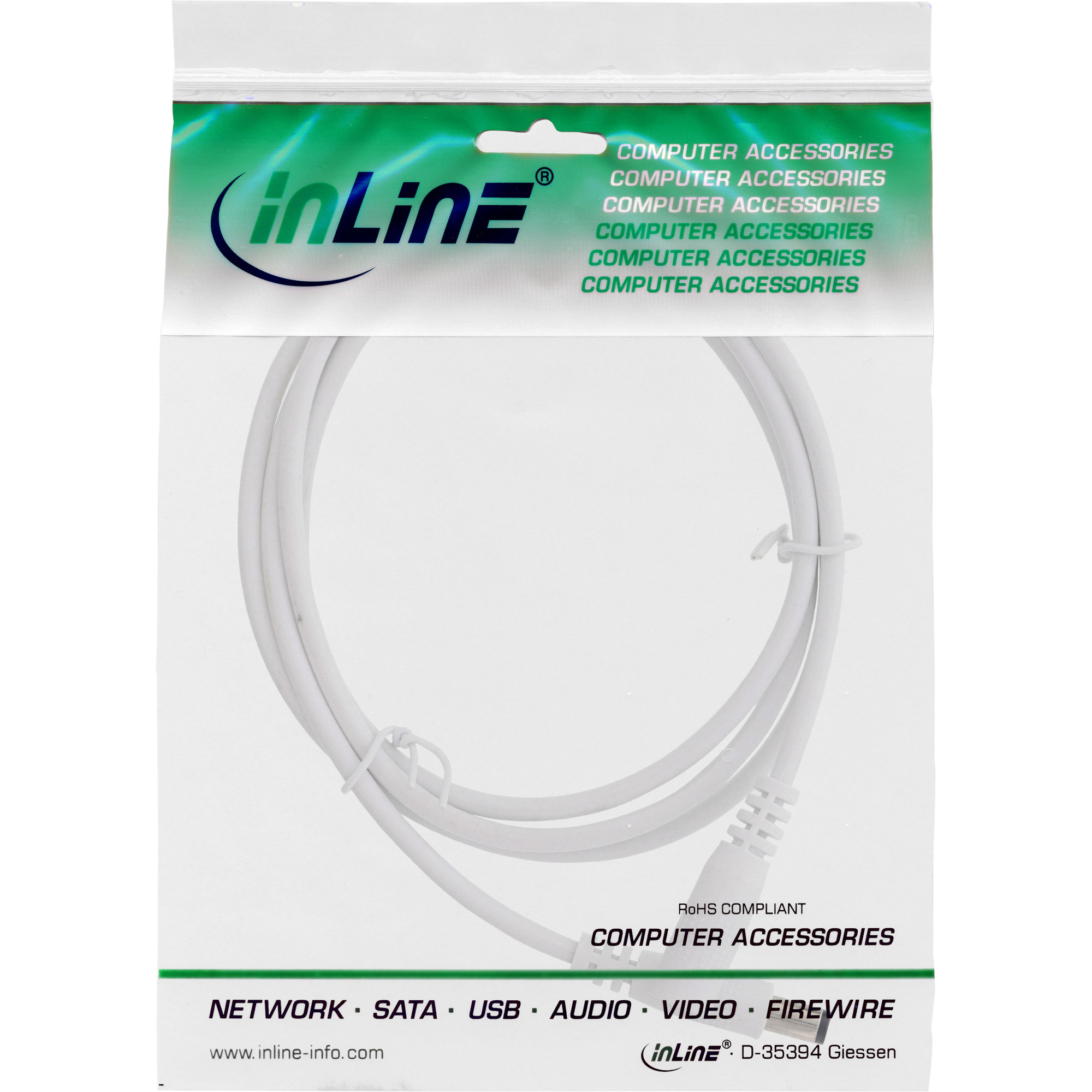 Ein weißes Computerkabel in einer durchsichtigen Plastikverpackung. Die Verpackung hat das 'inLine'-Logo und die Worte 'Computerzubehör'.