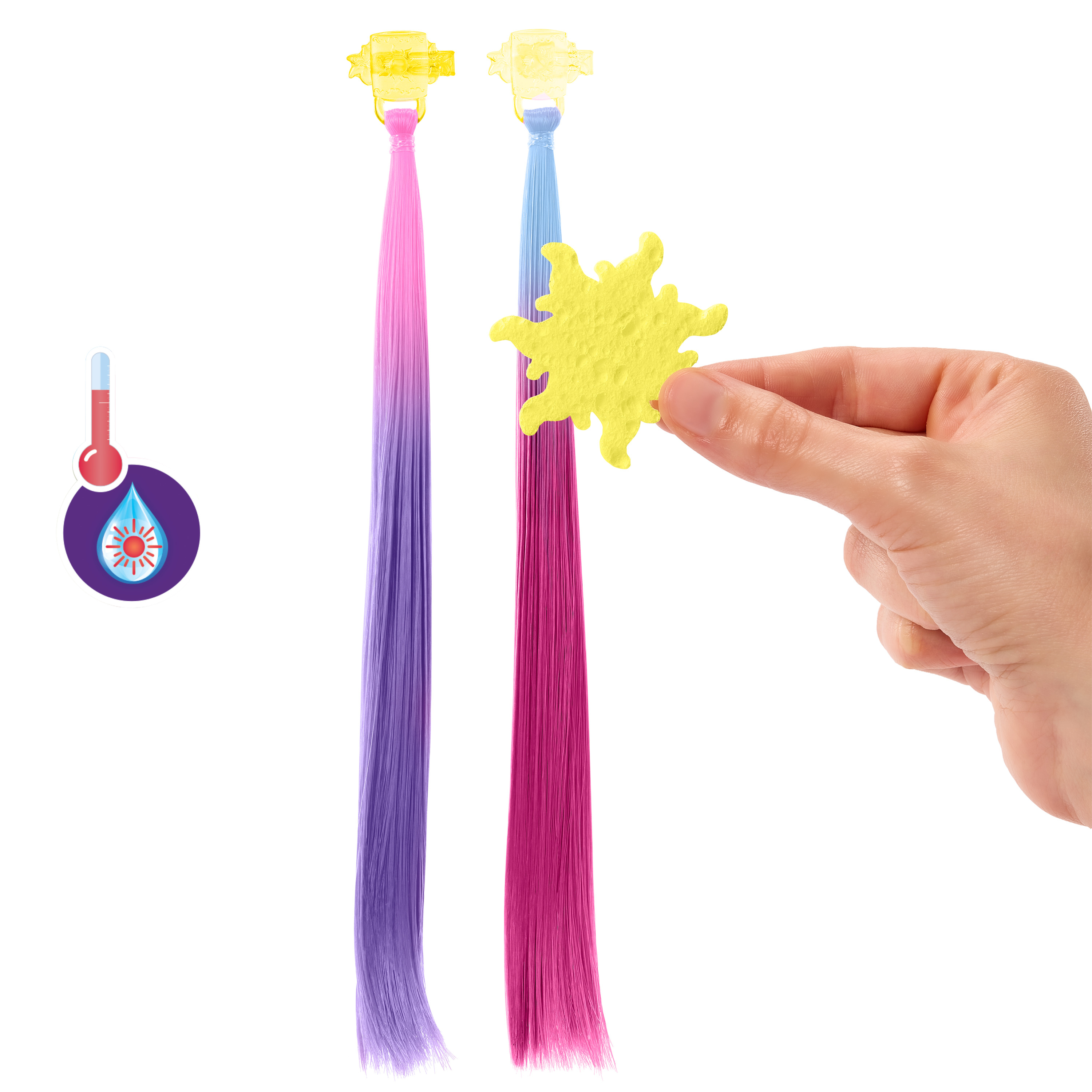 Eine Hand hält ein gelbes sternförmiges Objekt. Zwei Haarverlängerungen in Pink und Lila hängen herunter. Links ist ein Temperatursymbol.