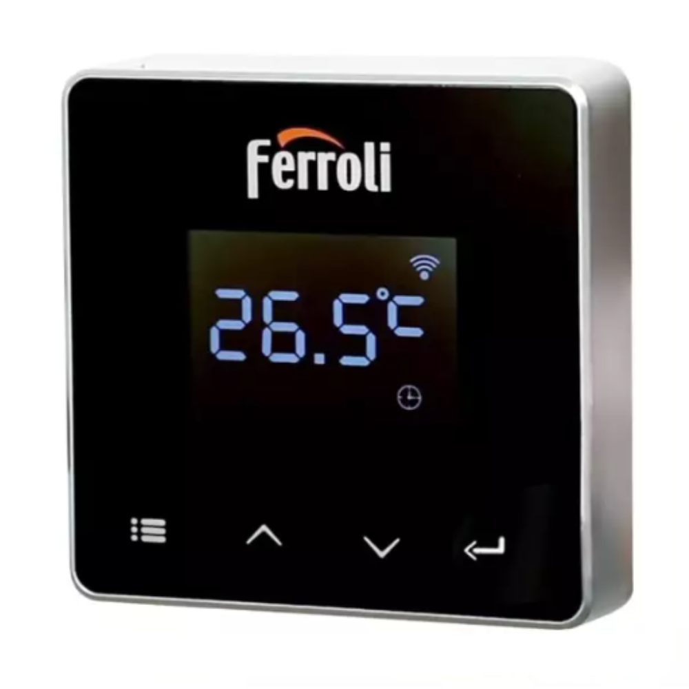 Un termostato Ferroli muestra 26.5°C. Tiene una pantalla negra con texto blanco y un símbolo de WiFi. Marco plateado.