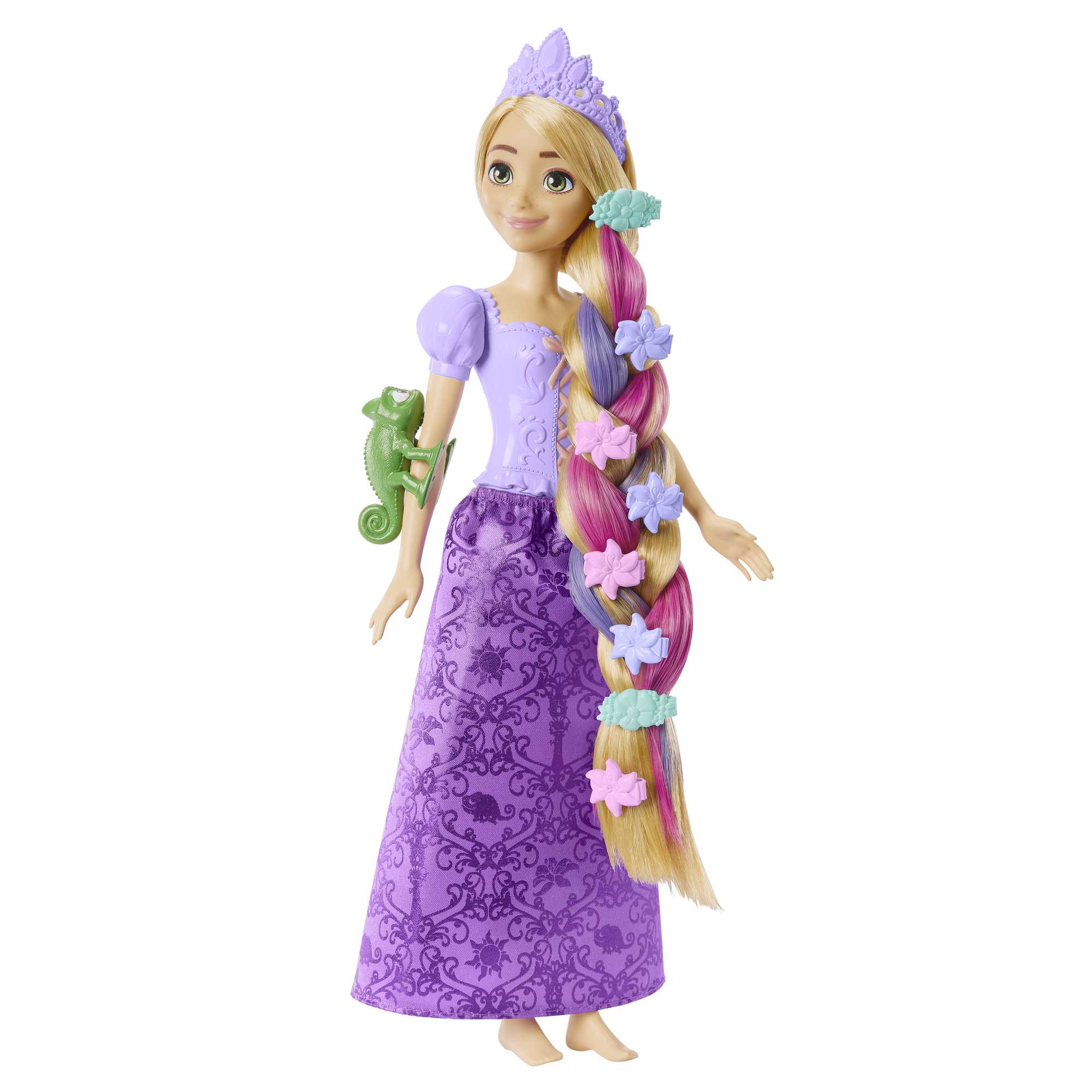 Eine Rapunzel-Puppe wird gezeigt. Sie trägt ein lila Kleid, eine Krone und hat langes blondes Haar mit rosa und lila Strähnen und Blumen.