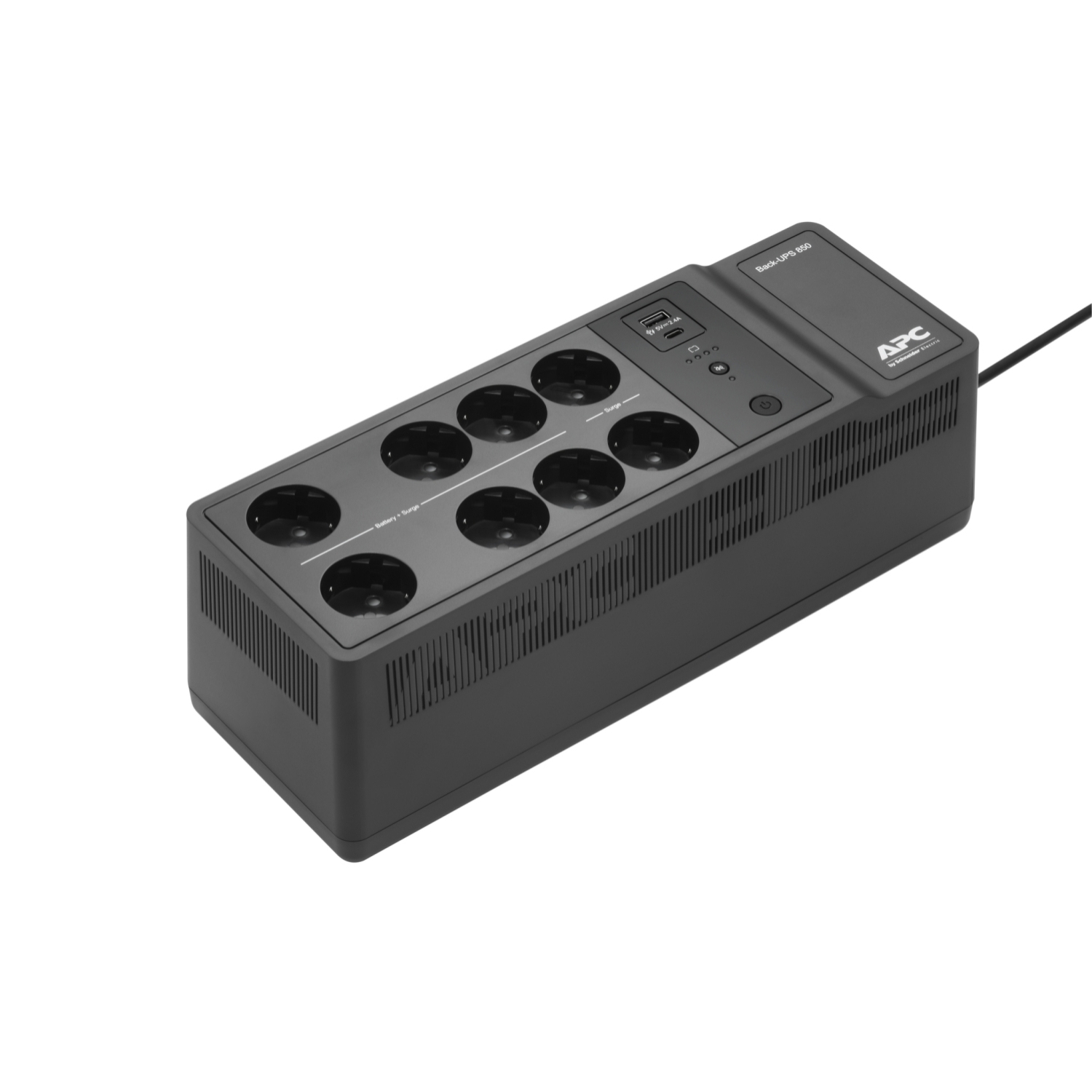 Una regleta APC Back-UPS 850 gris oscuro. Tiene varios enchufes, un puerto USB y el logotipo de APC. Un cable de alimentación negro sale de ella.