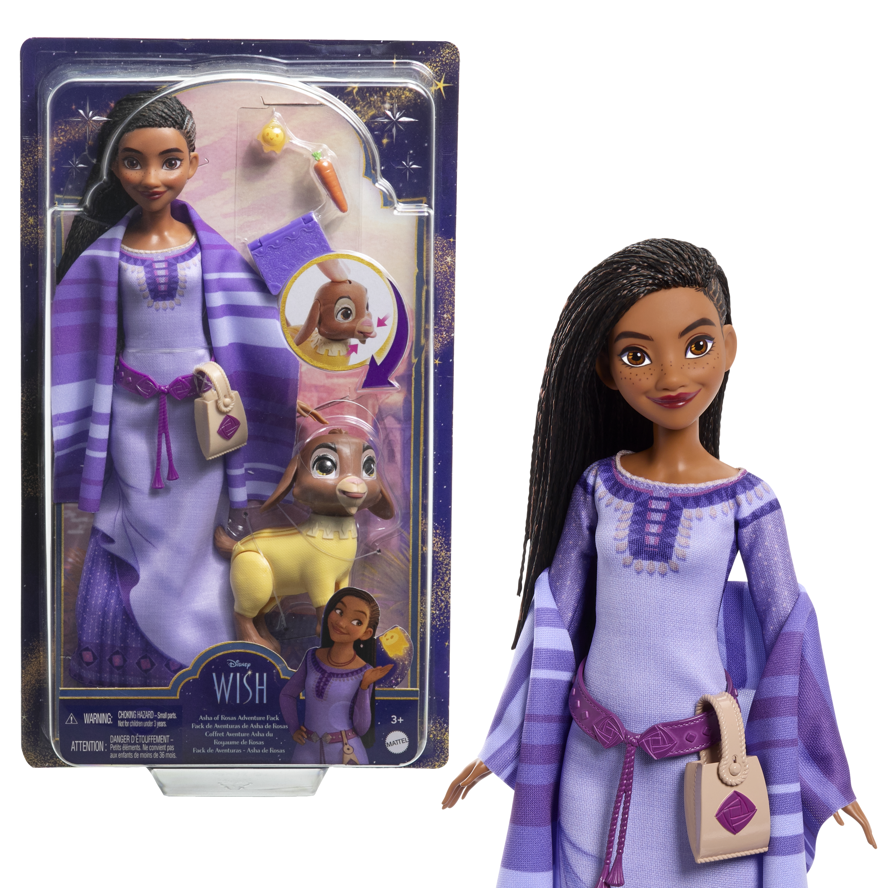 Eine Asha-Puppe in einem lila Kleid, mit einer beigen Tasche, neben einem Cartoon-Spielzeug. Die Packung hat weitere Spielzeuge.