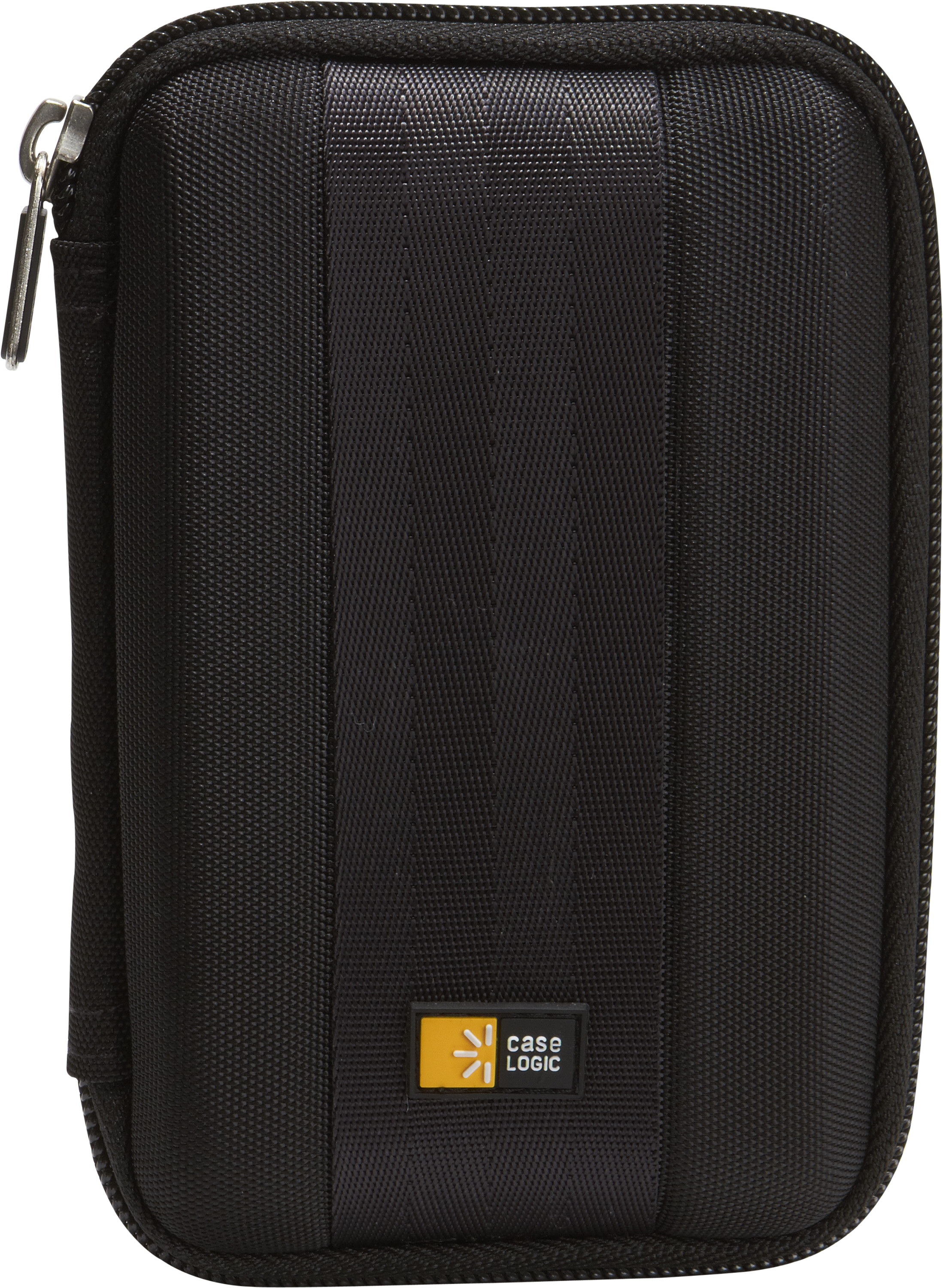 Schwarzes Case Logic-Etui. Es hat einen Reißverschluss und ein Logo. Der Koffer ist rechteckig und hat vertikale Linien.