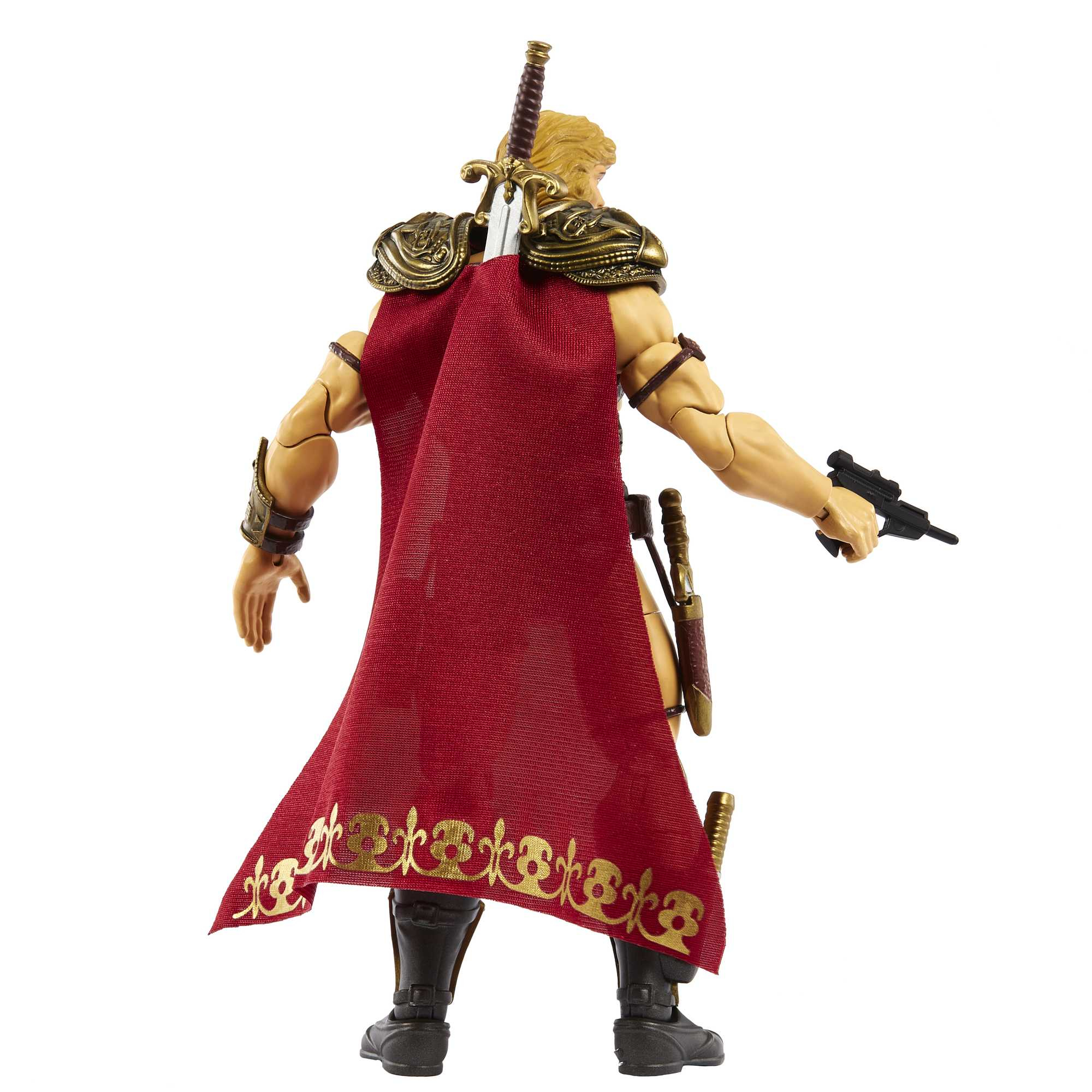 Figurka akcji blond wojownika od tyłu, czerwona peleryna ze złotym wykończeniem, trzymająca broń i miecz.