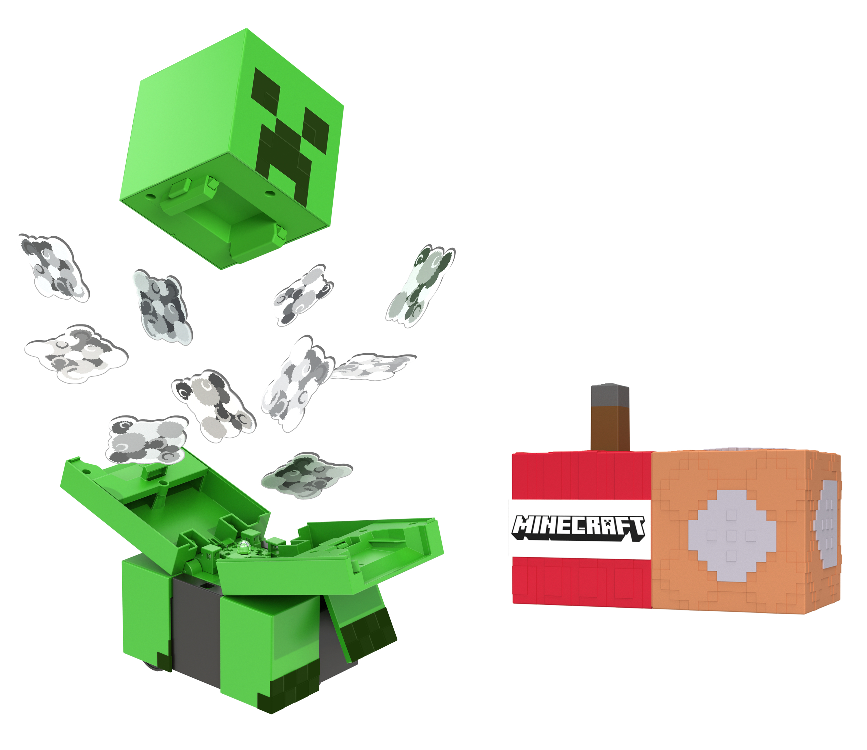 Minecraft Creeper und TNT. Der Creeper öffnet sich mit Rauch. Auf dem TNT steht Minecraft.