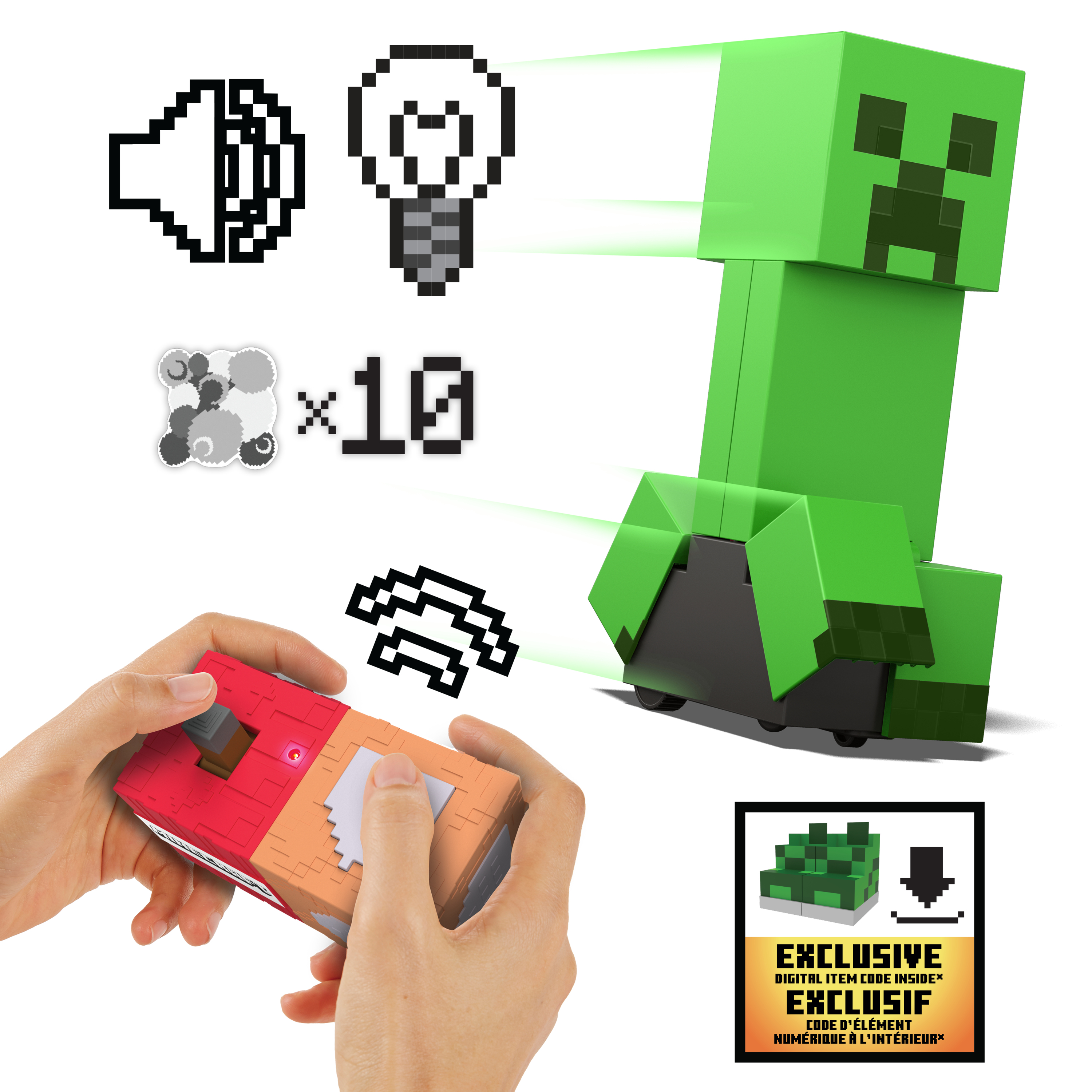 Grünes Minecraft Creeper-Spielzeug mit einem verpixelten Gamecontroller. Enthält Pixel-Symbole und eine Box mit einem digitalen Artikelcode.