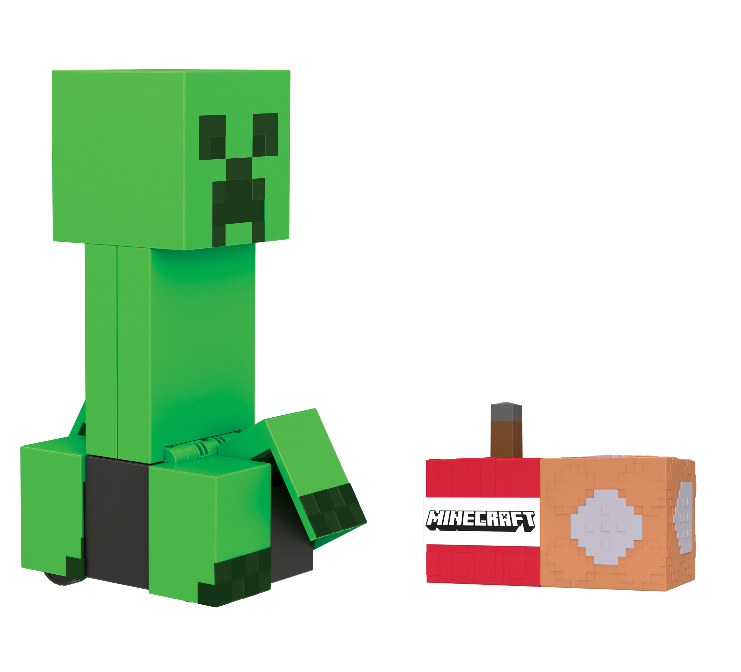 Ein grünes Minecraft Creeper-Spielzeug und ein rotes und oranges TNT-Block-Spielzeug vor weißem Hintergrund.