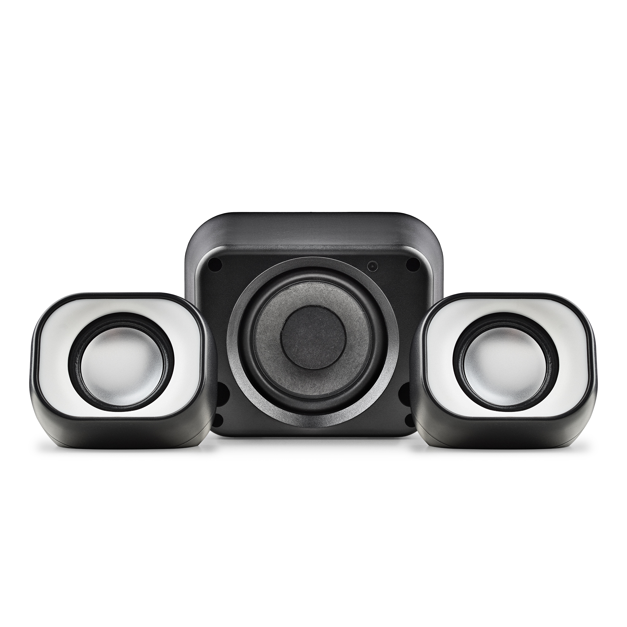 Un sistema de altavoces de ordenador negro. Tiene un subwoofer central y dos altavoces satélite.