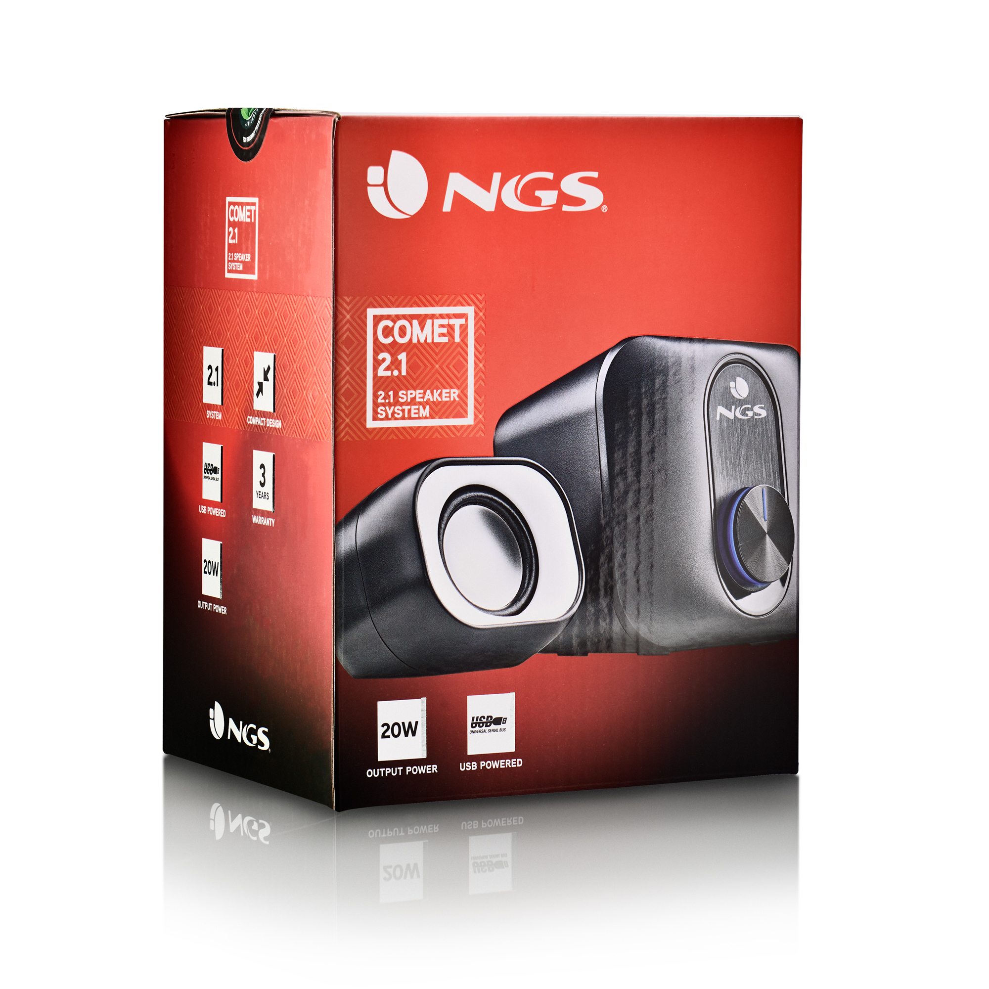 Caja de altavoces NGS Comet 2.1. Fondo rojo, altavoces negros, logotipo blanco. Características: 20W de salida y alimentado por USB.