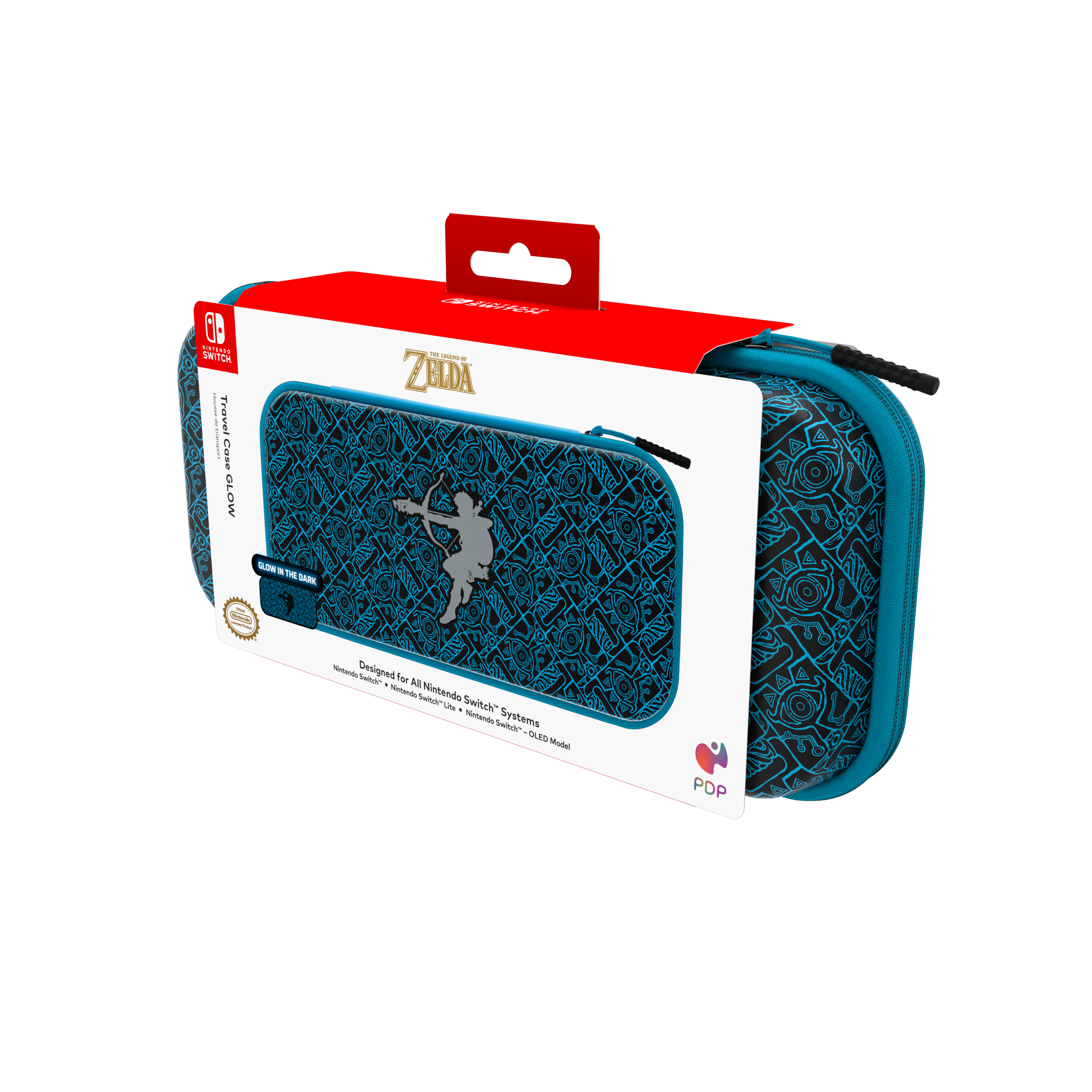 Turkusowe etui podróżne Nintendo Switch z wzorem Zelda. Czerwona etykieta z logo Nintendo Switch na górze.