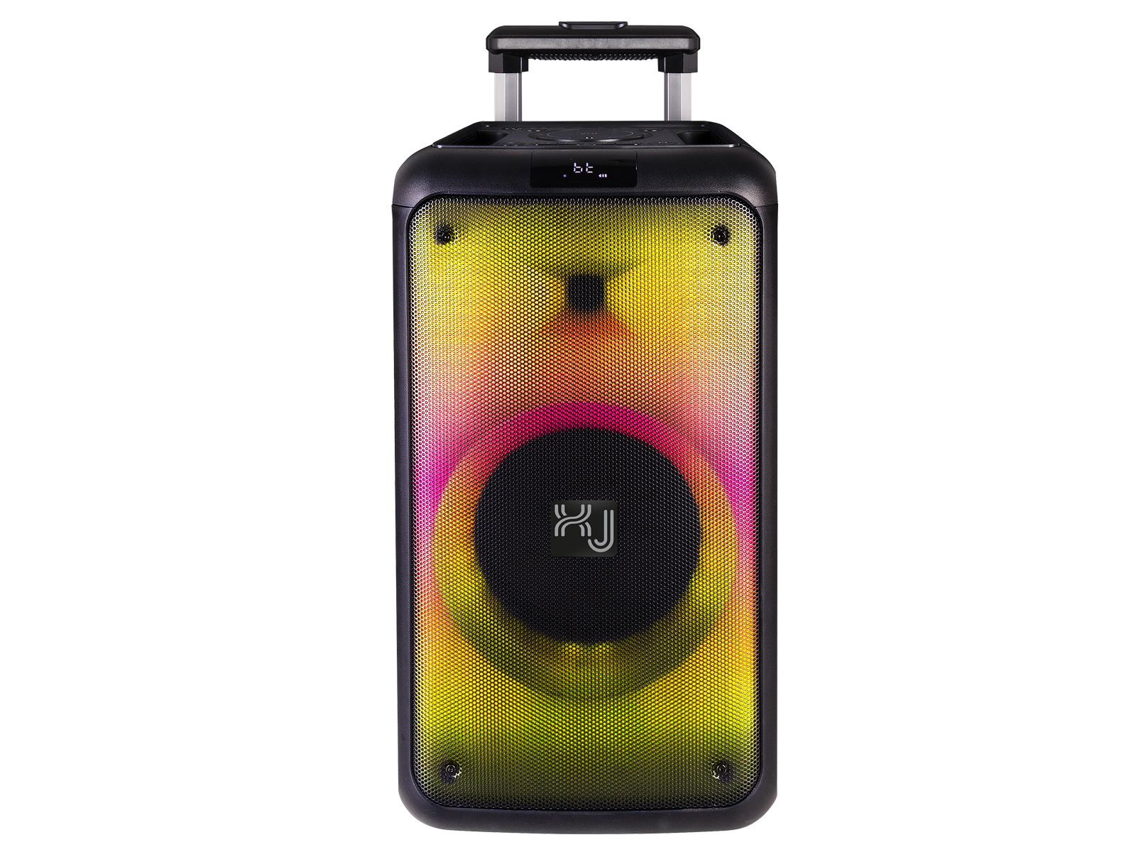 Czarny głośnik z kolorowymi światłami. Ma uchwyt i kółka. Głośnik ma logo.