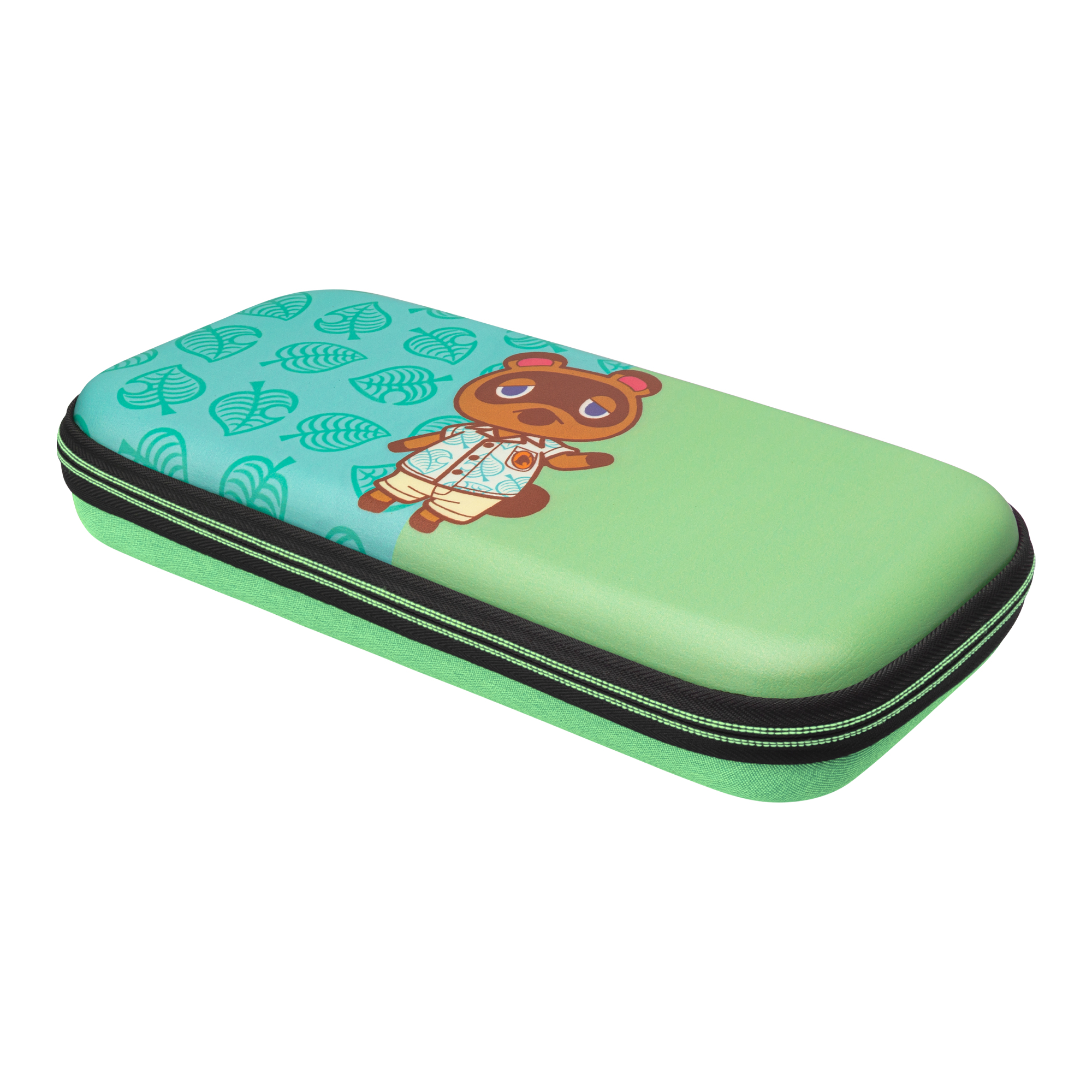Zielone etui z zamkiem błyskawicznym, z Tomem Nookiem z Animal Crossing na tle miętowego wzoru liści.