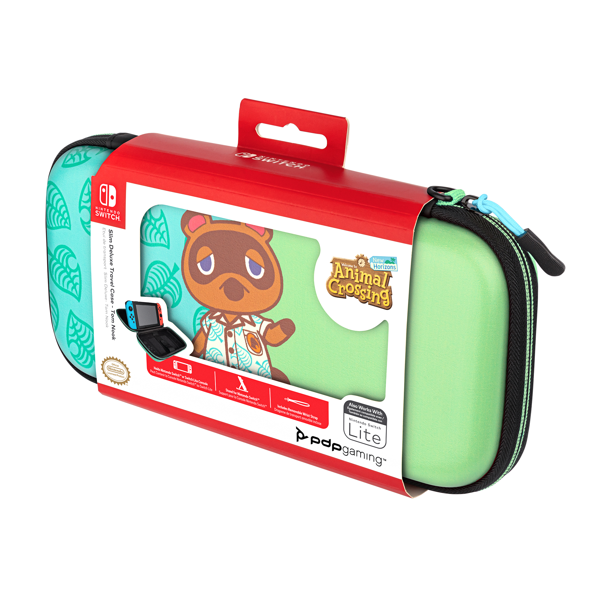 Etui na Nintendo Switch, zielone i czerwone pudełko z motywem Animal Crossing. Tom Nook jest na przodzie.
