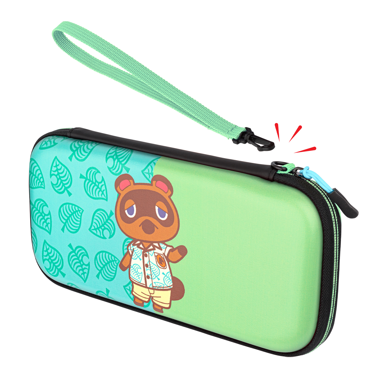 Zielone etui na Nintendo Switch z Tomem Nookiem. Ma zielony pasek, czarny zamek błyskawiczny i czarno-niebieski suwak.