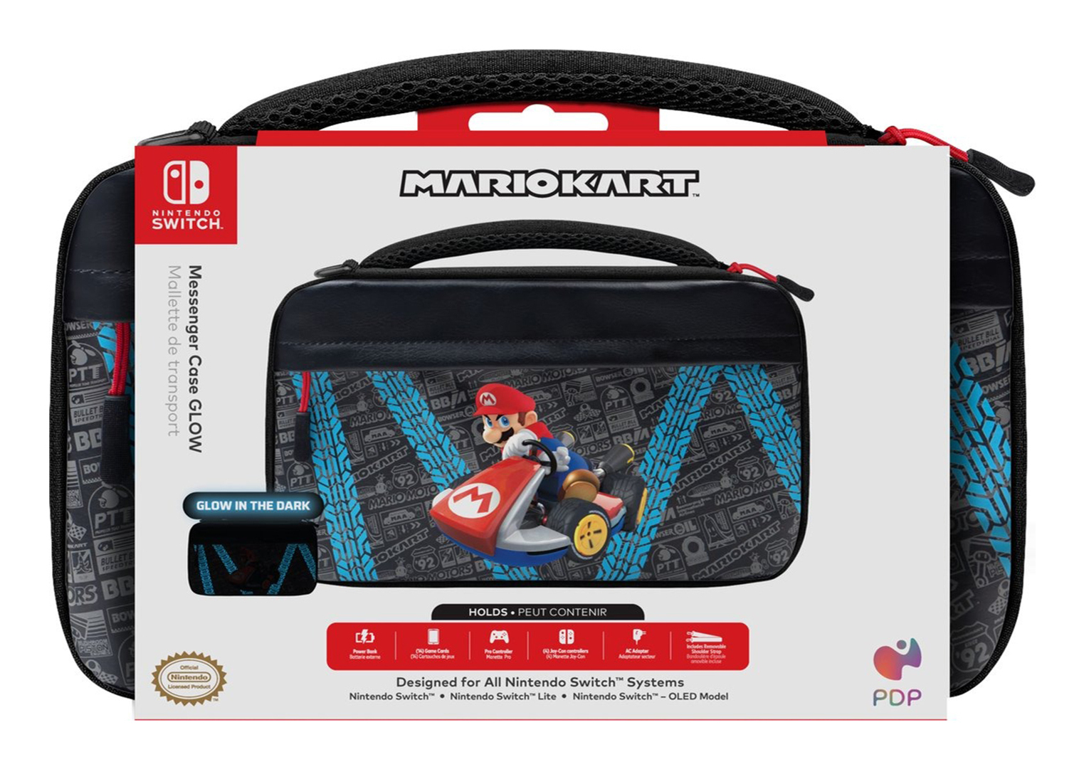 Una funda de mensajero negra de Mario Kart con Mario en la parte delantera. La funda es para Nintendo Switch y tiene asa y bandolera.