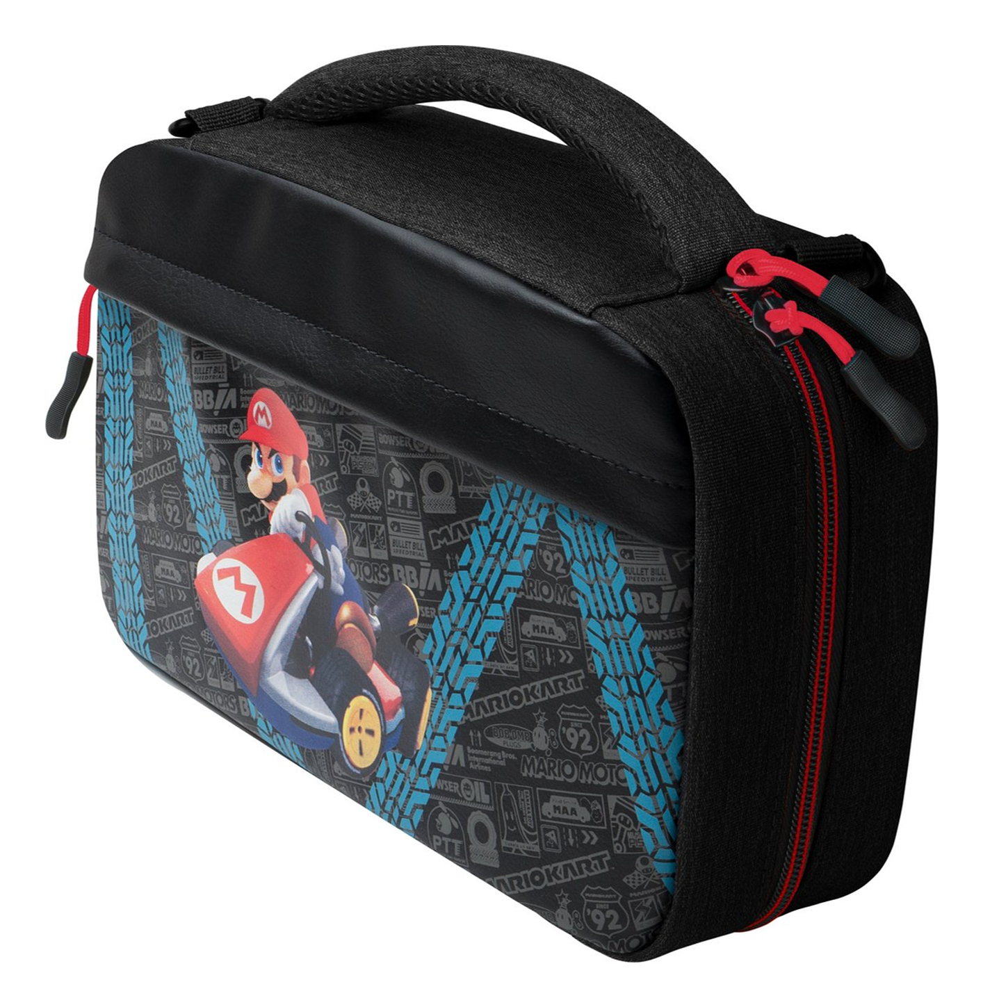 Una funda negra para Nintendo Switch con diseño de Mario Kart. Tiene asa y cremalleras rojas. Mario está en un kart.