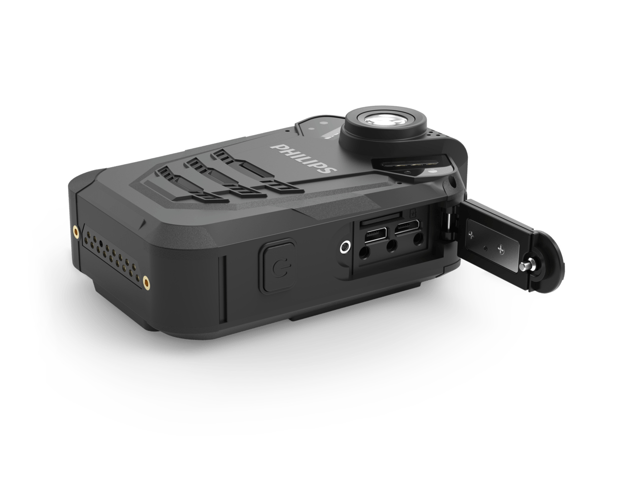 Eine schwarze Philips-Bodycam. Sie hat mehrere Anschlüsse, einen Ein-/Ausschalter und ein Objektiv. Die Batterietür ist offen.