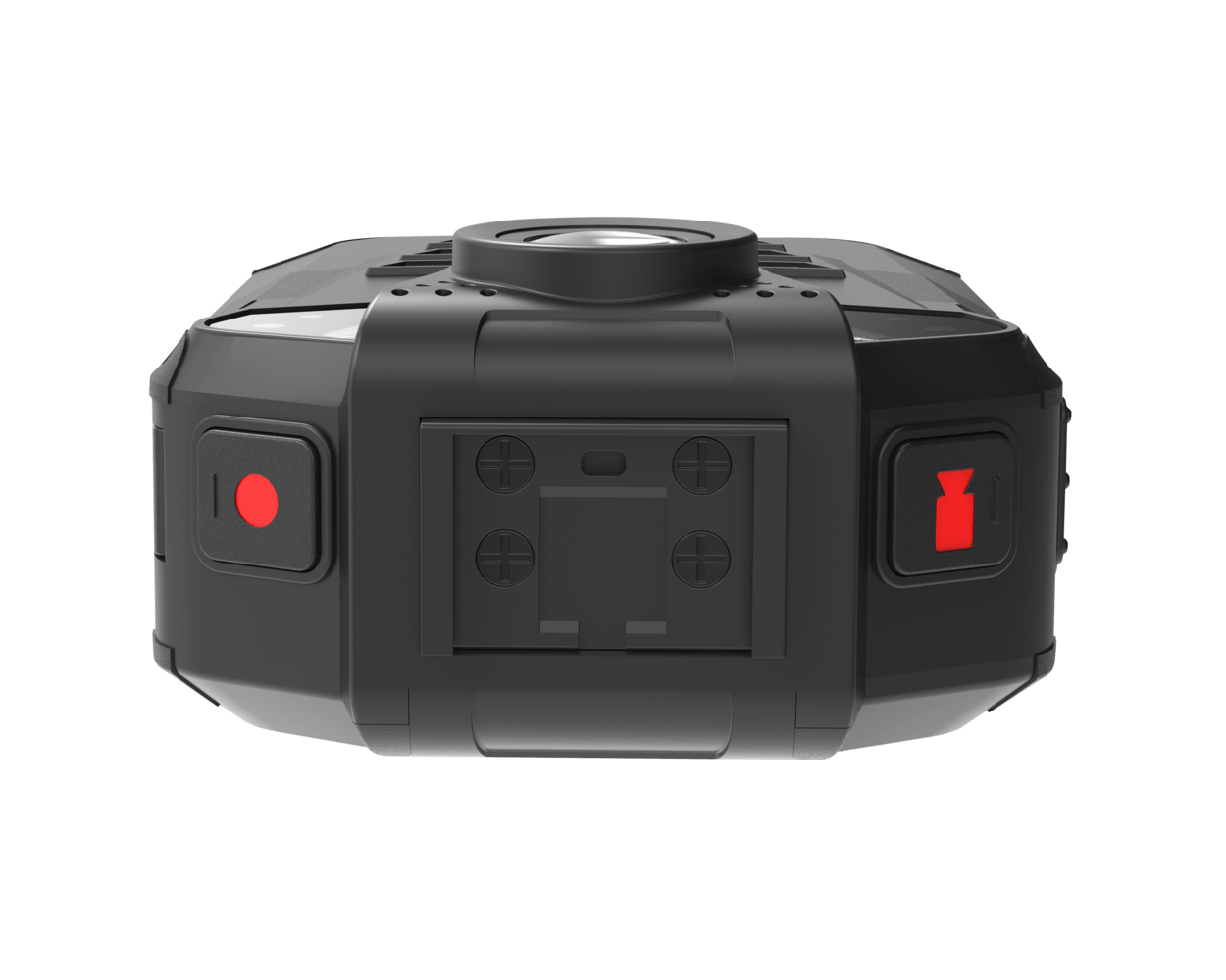 Eine schwarze Action-Kamera mit roten Aufnahmetasten. Sie hat ein Objektiv und Steuertasten. Der Hintergrund ist weiß.