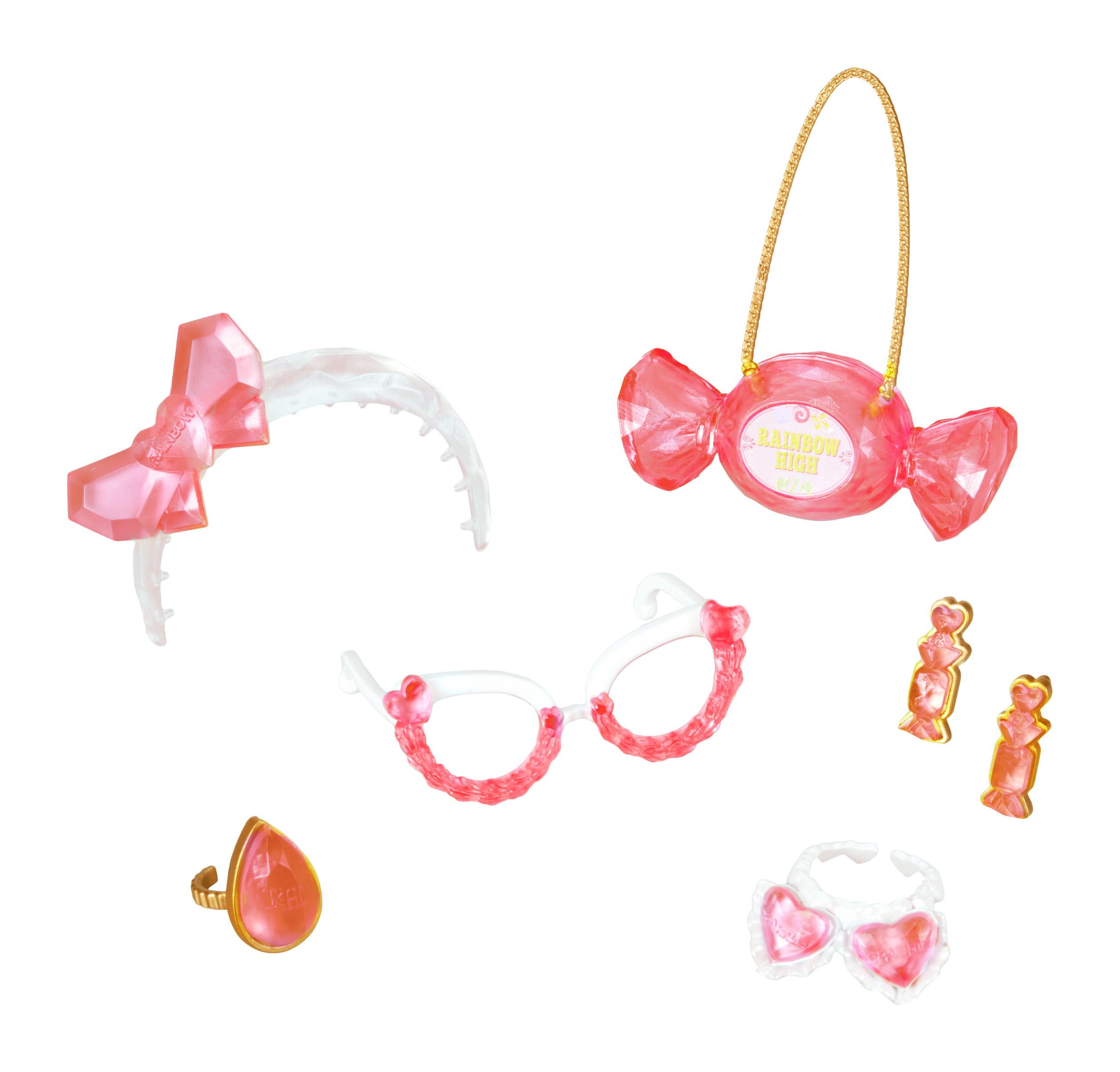 Zestaw różowych akcesoriów: opaska do włosów, torebka, okulary, kolczyki, pierścionek i pierścionek. Wszystko na białym tle.