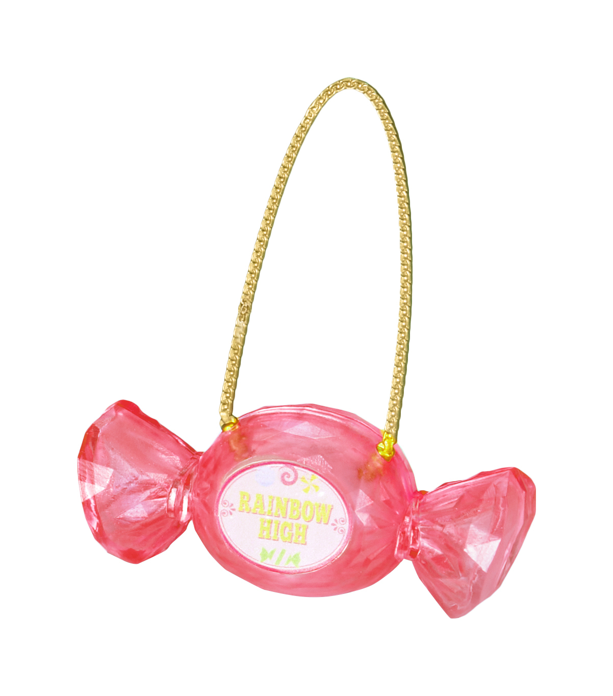 Różowa torebka w kształcie cukierka ze złotą rączką. Na torebce napis 'Rainbow High'.