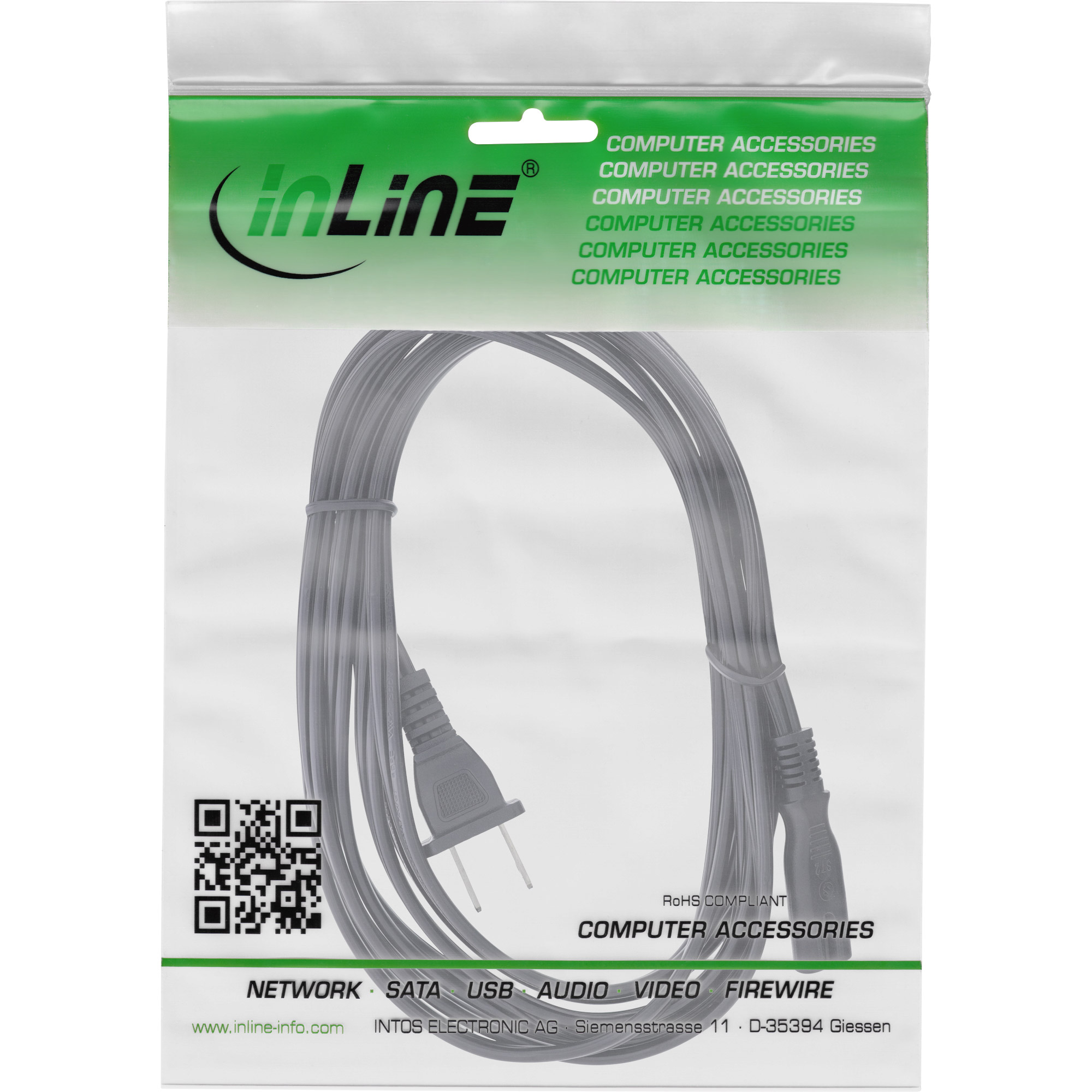 Graues Computerkabel in einer transparenten Plastikverpackung. Die Verpackung hat ein grün-weißes Design mit der Marke 'inLine'.