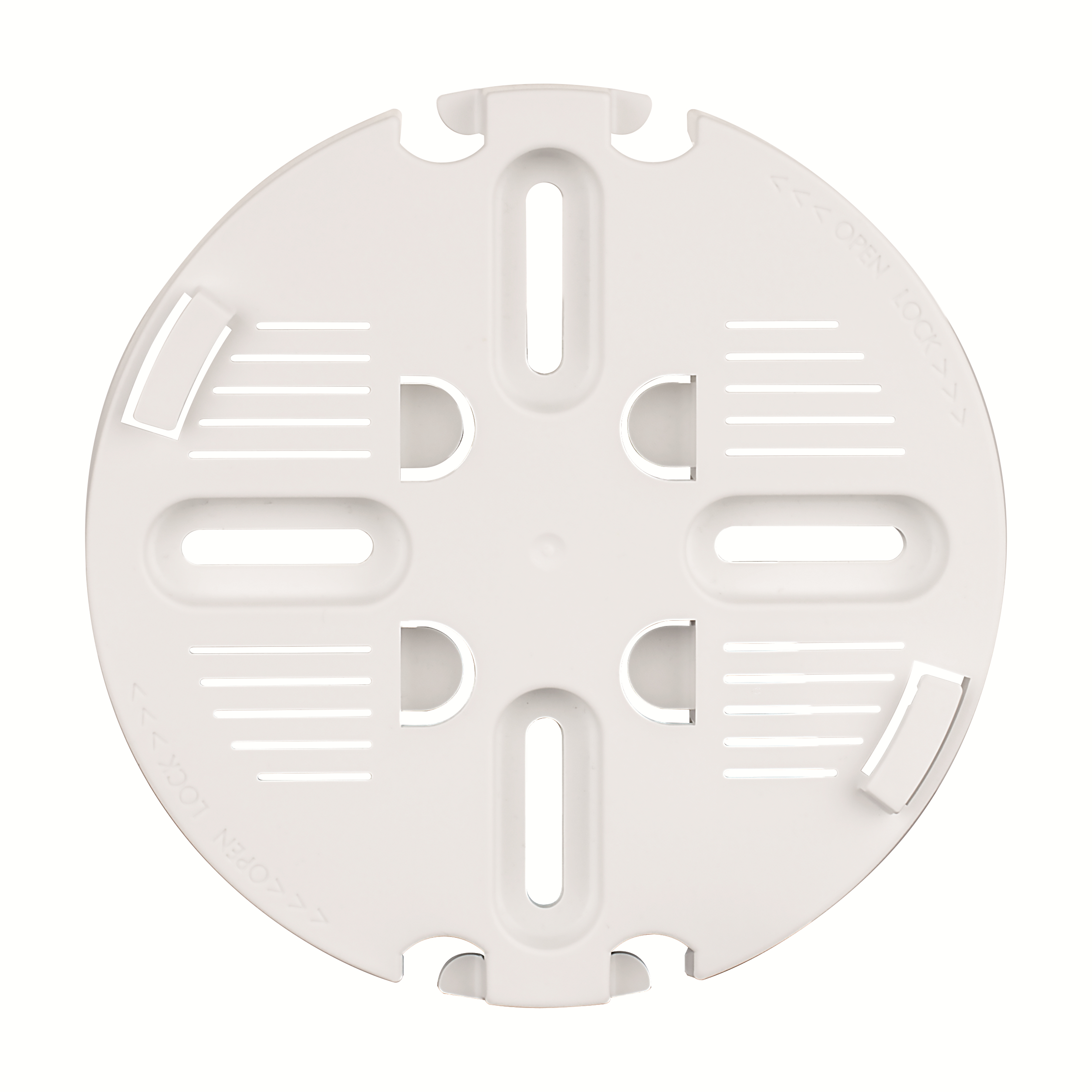 Biały plastikowy okrągły przedmiot z otworami i otworami. Ma strzałki wskazujące pozycje otwierania/zamykania.