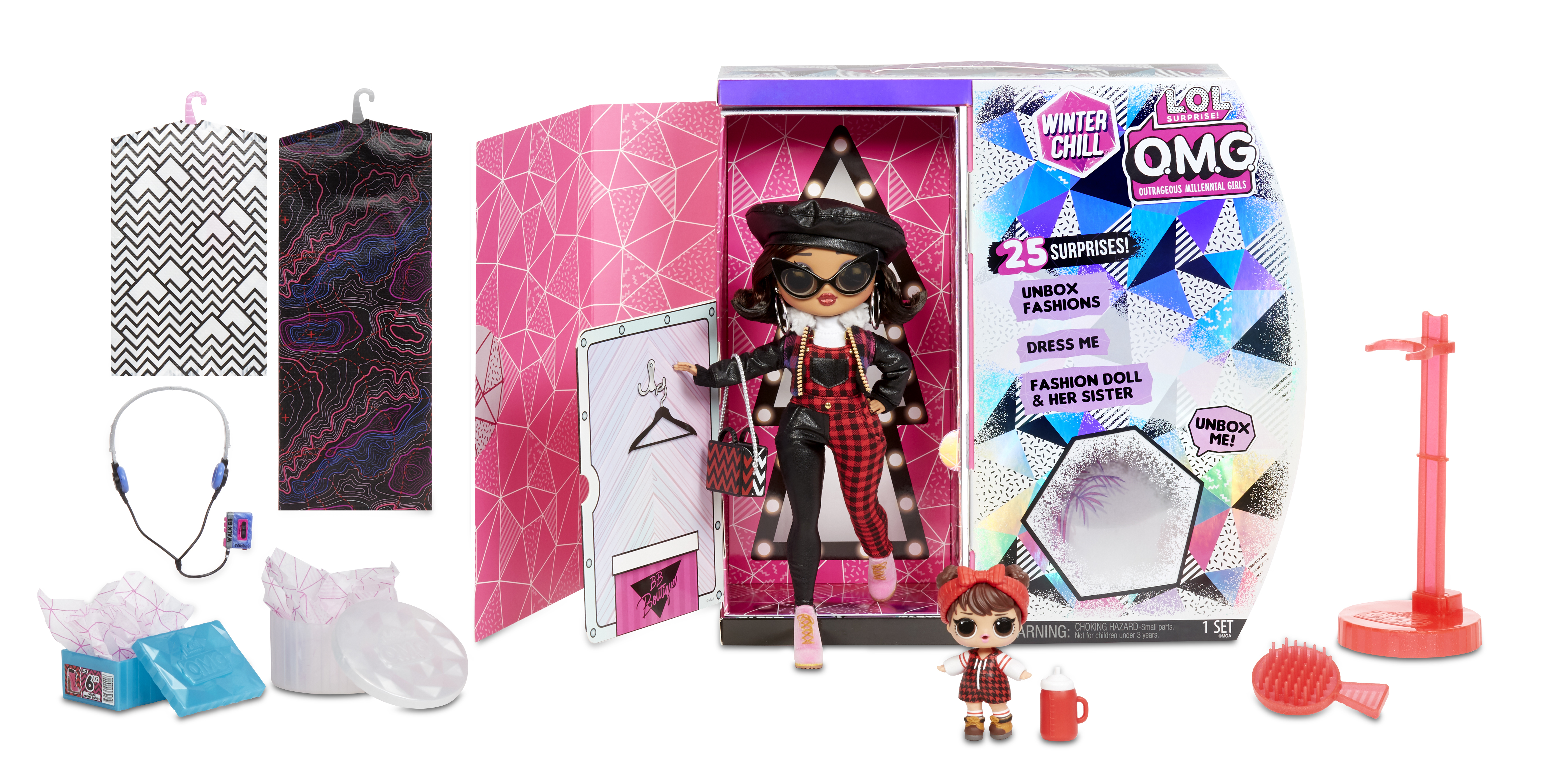 Zestaw z lalką modową, mini-lalką, ubraniami, akcesoriami i pudełkiem z napisem 'Winter Chill OMG'.