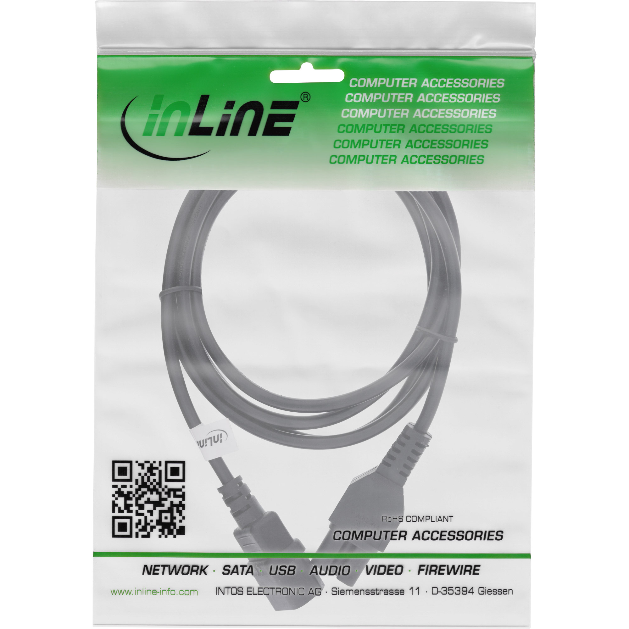 Ein Computerkabel in einer transparenten Plastikverpackung, grüne Details und die Marke Inline. Das Kabel ist grau.