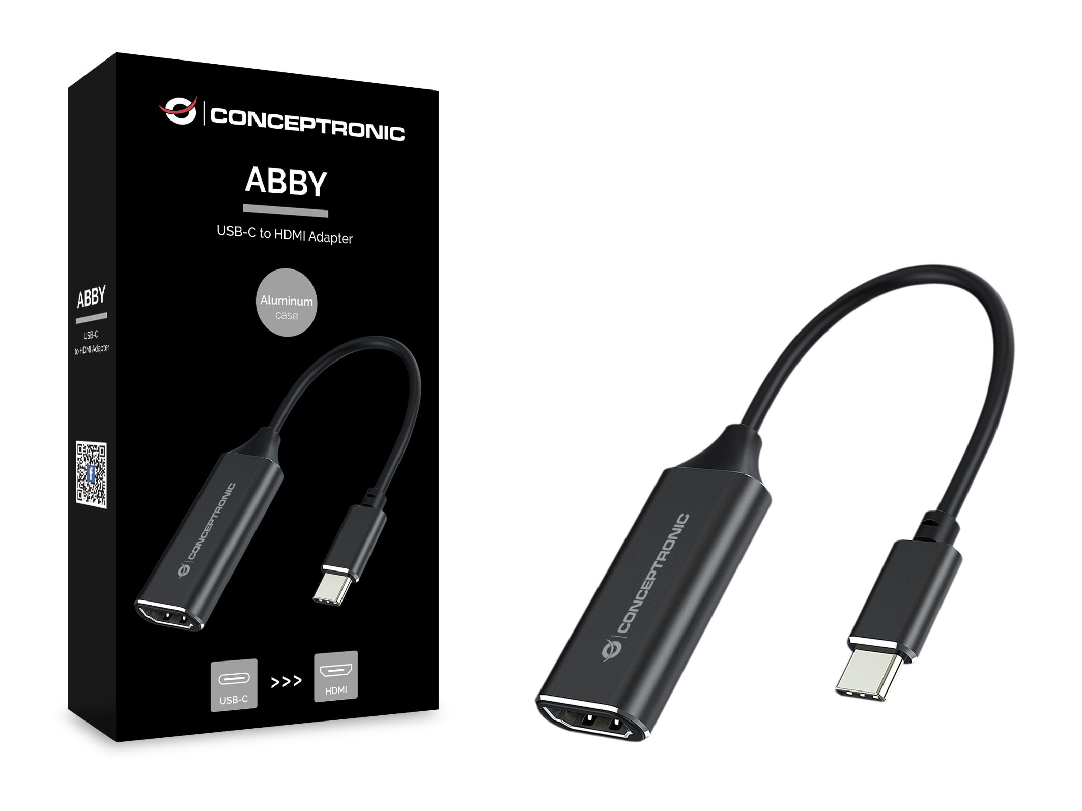 Un adaptador Conceptronic ABBY USB-C a HDMI en una caja negra. El adaptador es negro.