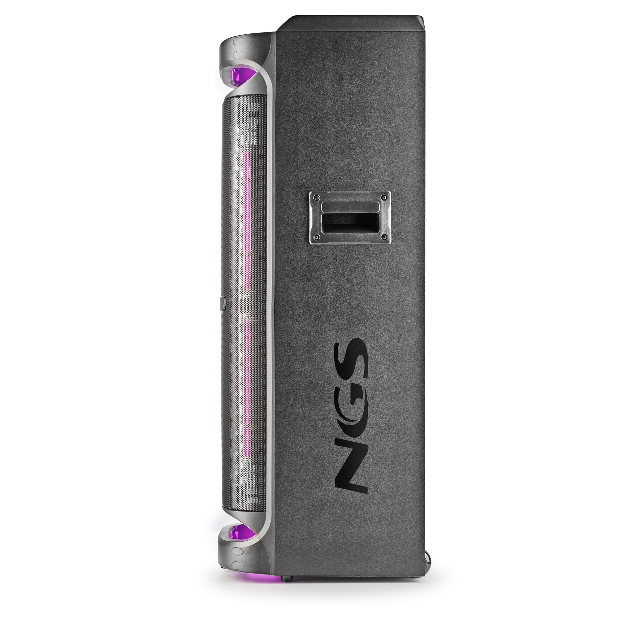 Ciemnoszary głośnik z różowymi światłami, srebrną siatką i literami NGS z boku.