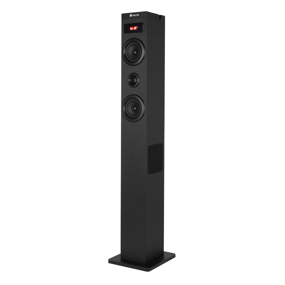Un altavoz negro alto sobre un fondo blanco. Tiene tres altavoces y una pequeña pantalla que muestra 'BLUE'.