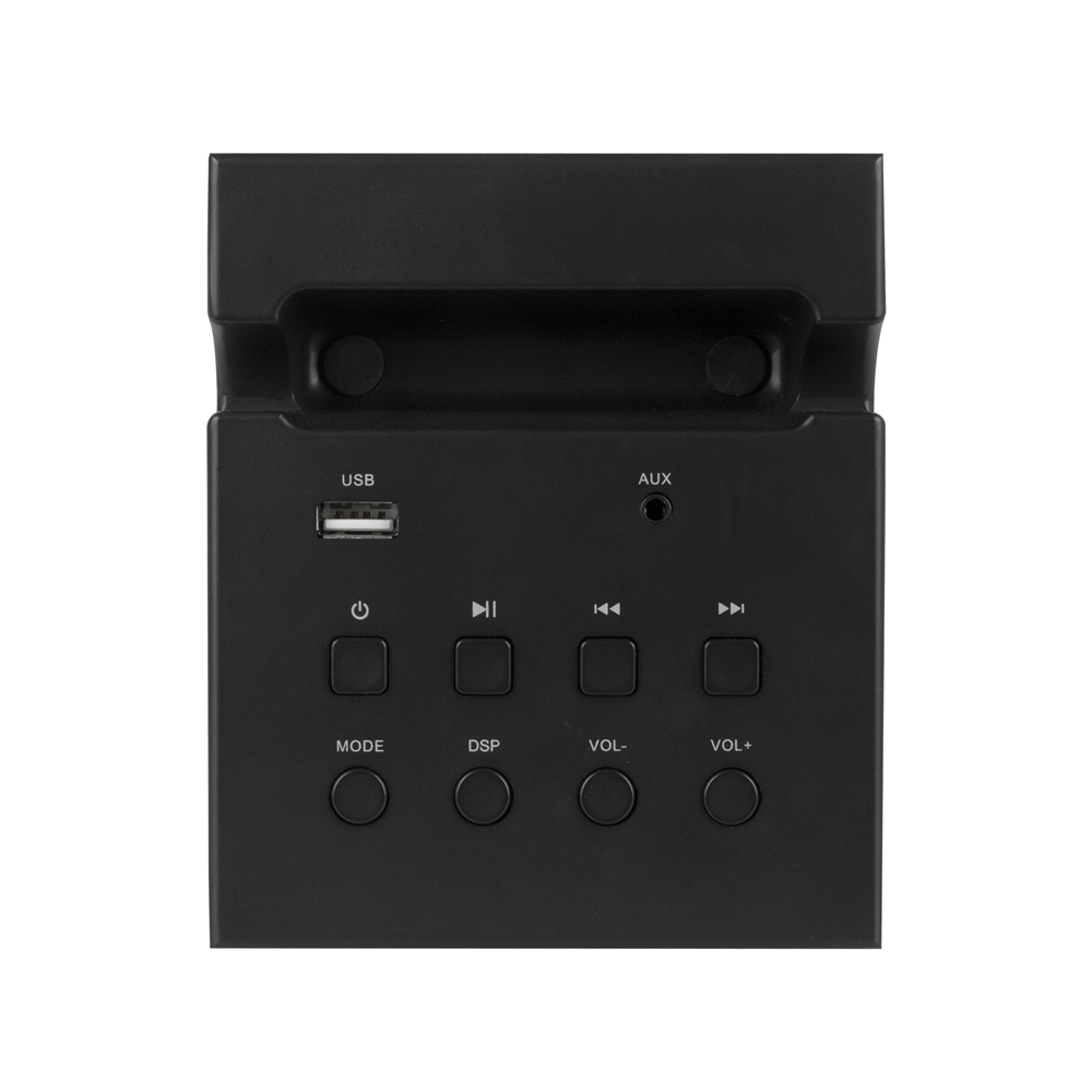 Primer plano de un panel de control de altavoz negro. Tiene botones para encendido, modo, volumen y reproducción. Hay un puerto USB y una entrada AUX.