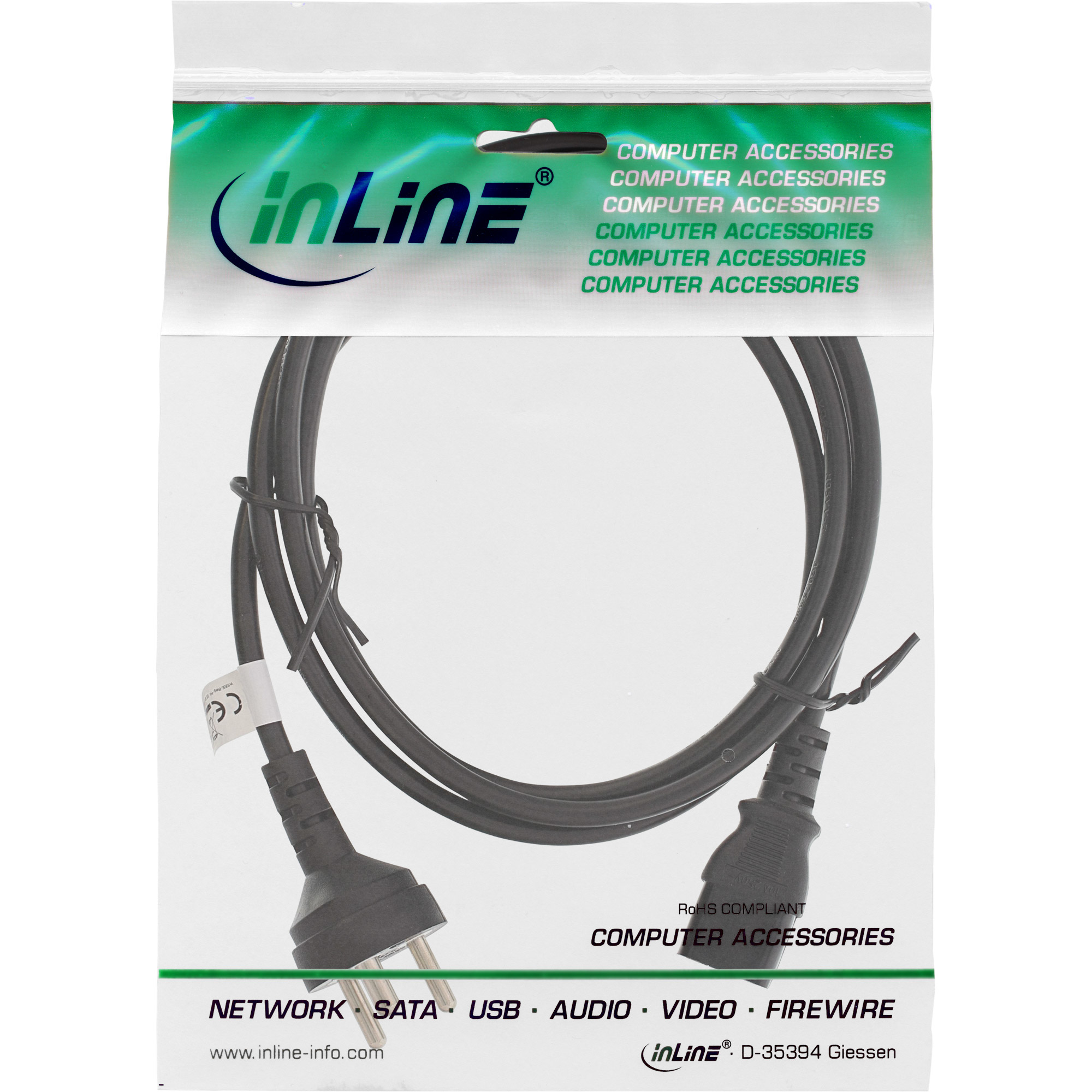 Ein schwarzes Netzkabel in einer Plastikverpackung. Die Verpackung hat das 'inLine'-Logo und den Text 'COMPUTER ZUBEHÖR'.