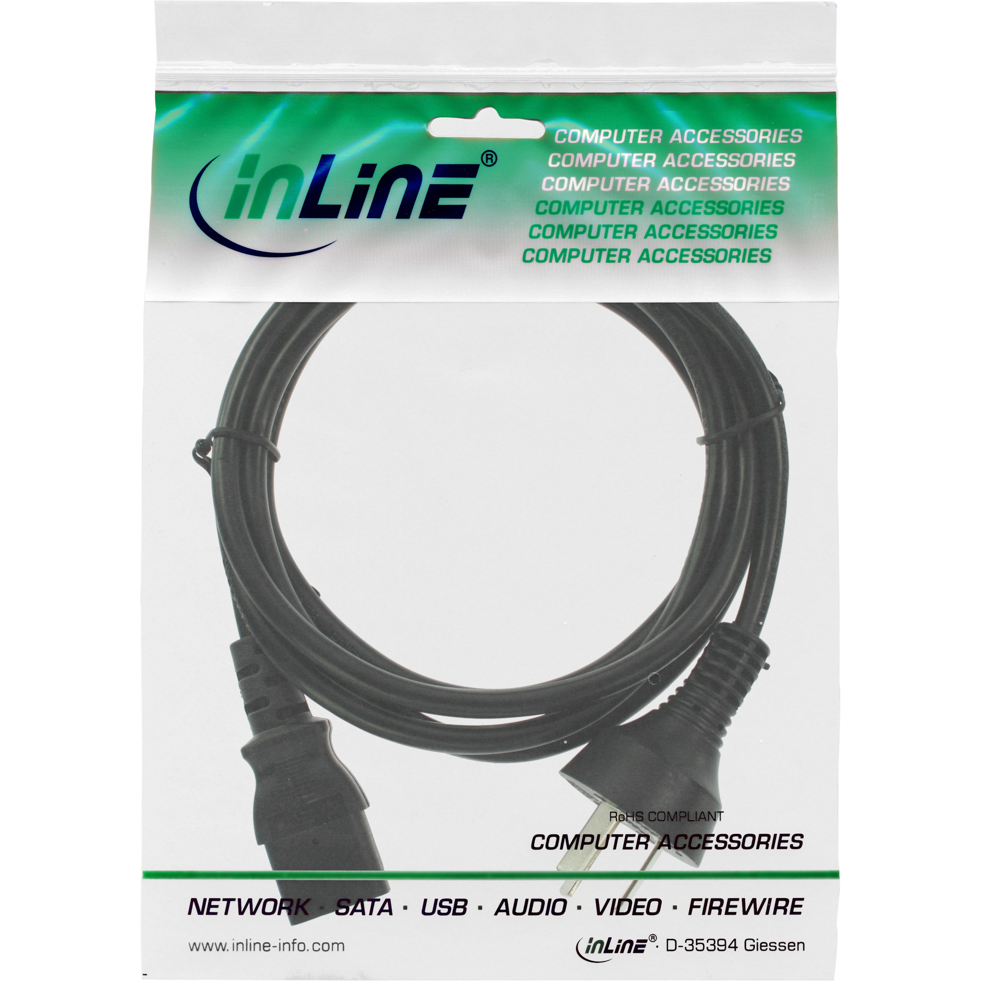 Ein schwarzes Netzkabel in einer Plastikverpackung mit der Aufschrift 'inLine' und 'Computer Zubehör'.