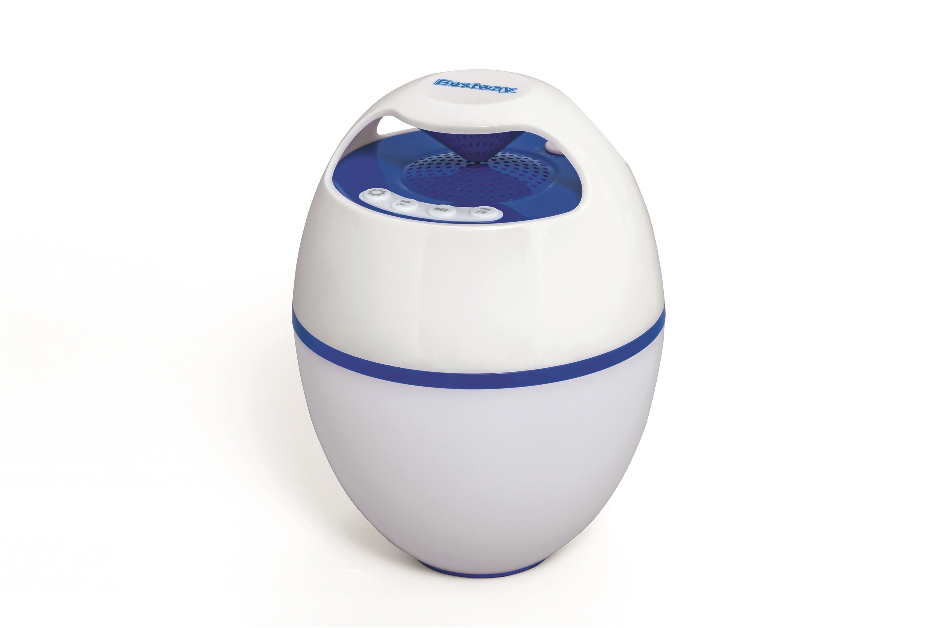 Biało-niebieski głośnik Bestway. Ma owalny kształt z uchwytem. Widoczne przyciski i głośnik.