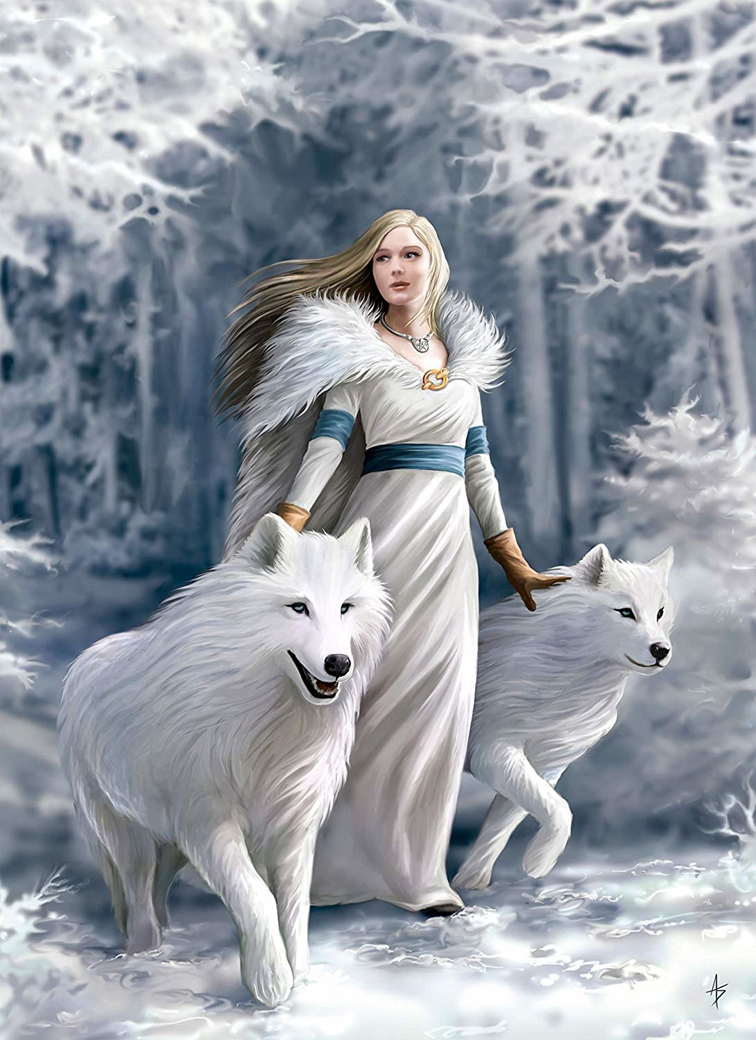 Una donna in abito bianco, con due lupi bianchi in una foresta innevata. Ha lunghi capelli biondi e indossa un colletto di pelliccia.