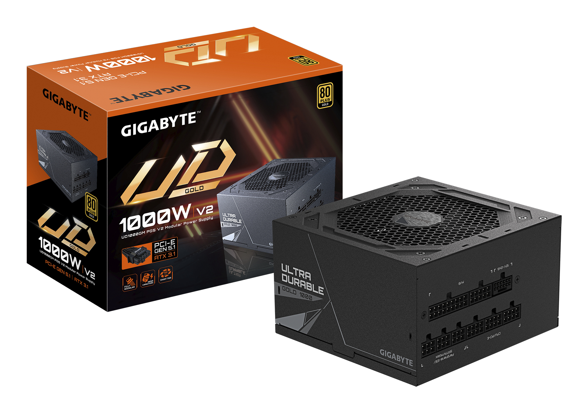 Zasilacz Gigabyte UD serii 1000W V2 i jego pudełko. Zasilacz jest czarny z siatkowym wierzchem.