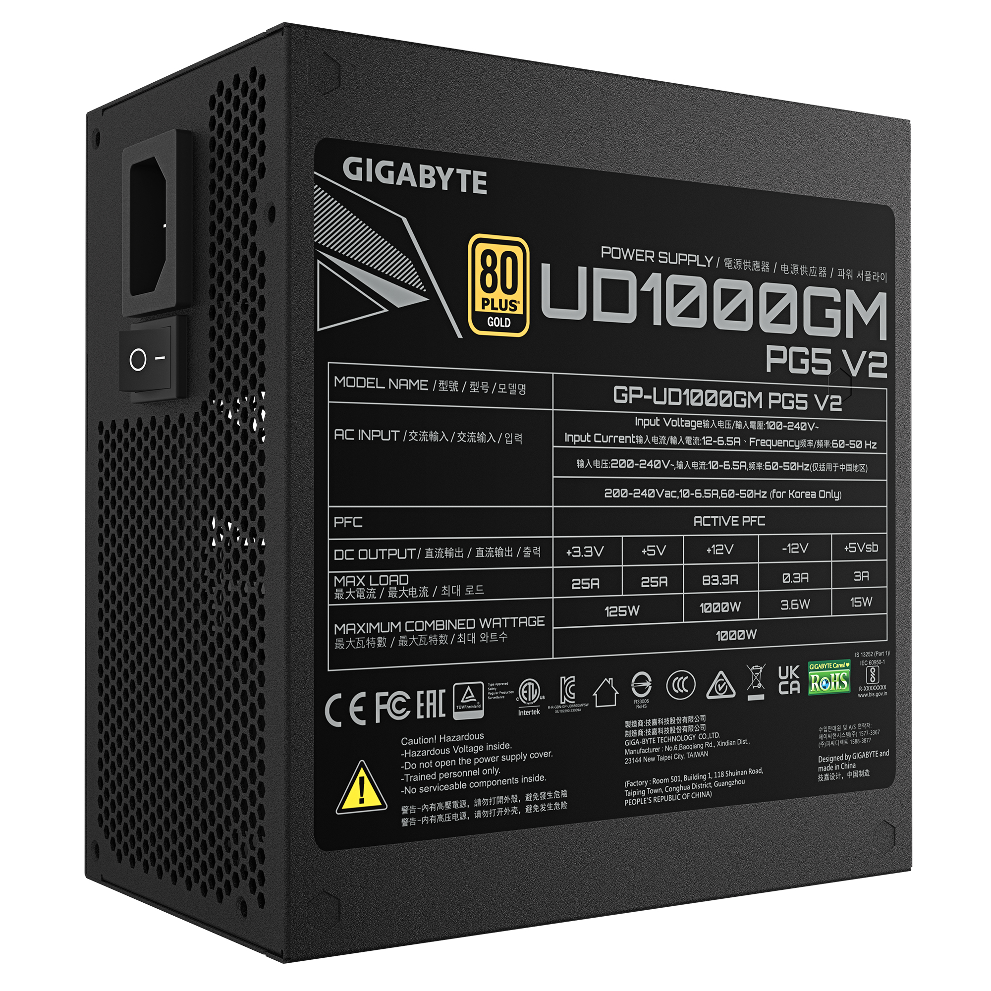 Czarny zasilacz Gigabyte UD1000GM. Posiada etykiety z tekstem i logo, w tym 80 Plus Gold.
