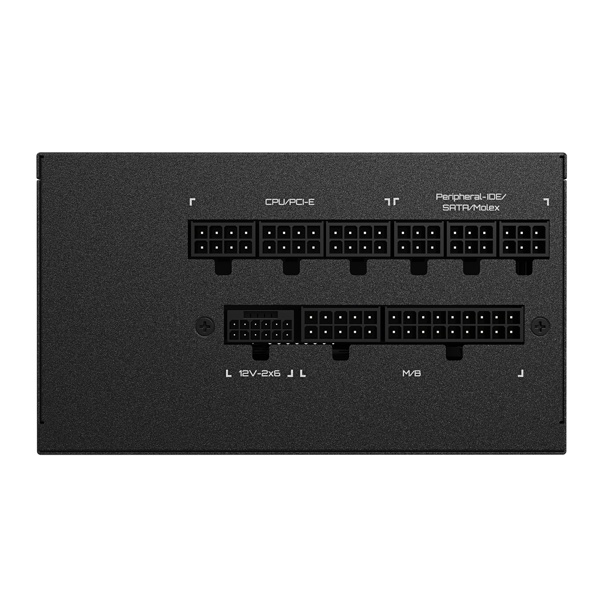 Czarny zasilacz komputerowy. Posiada różne porty oznaczone CPU/PCI-E, Peripheral-IDE, SATA/Molex, 12V-2x6 i M/B.