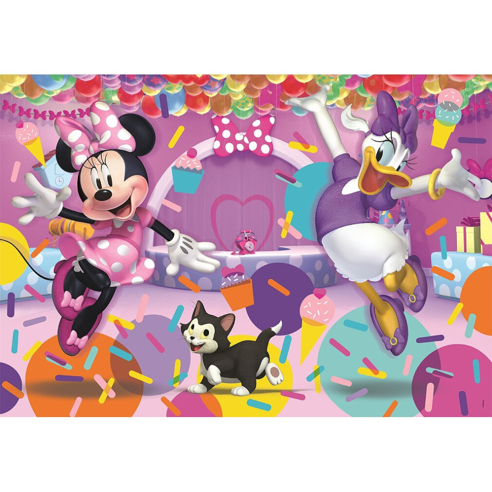 Minnie Mouse, Kaczor Donald i czarny kot świętują w kolorowym pokoju z konfetti, babeczkami i rożkami lodów.