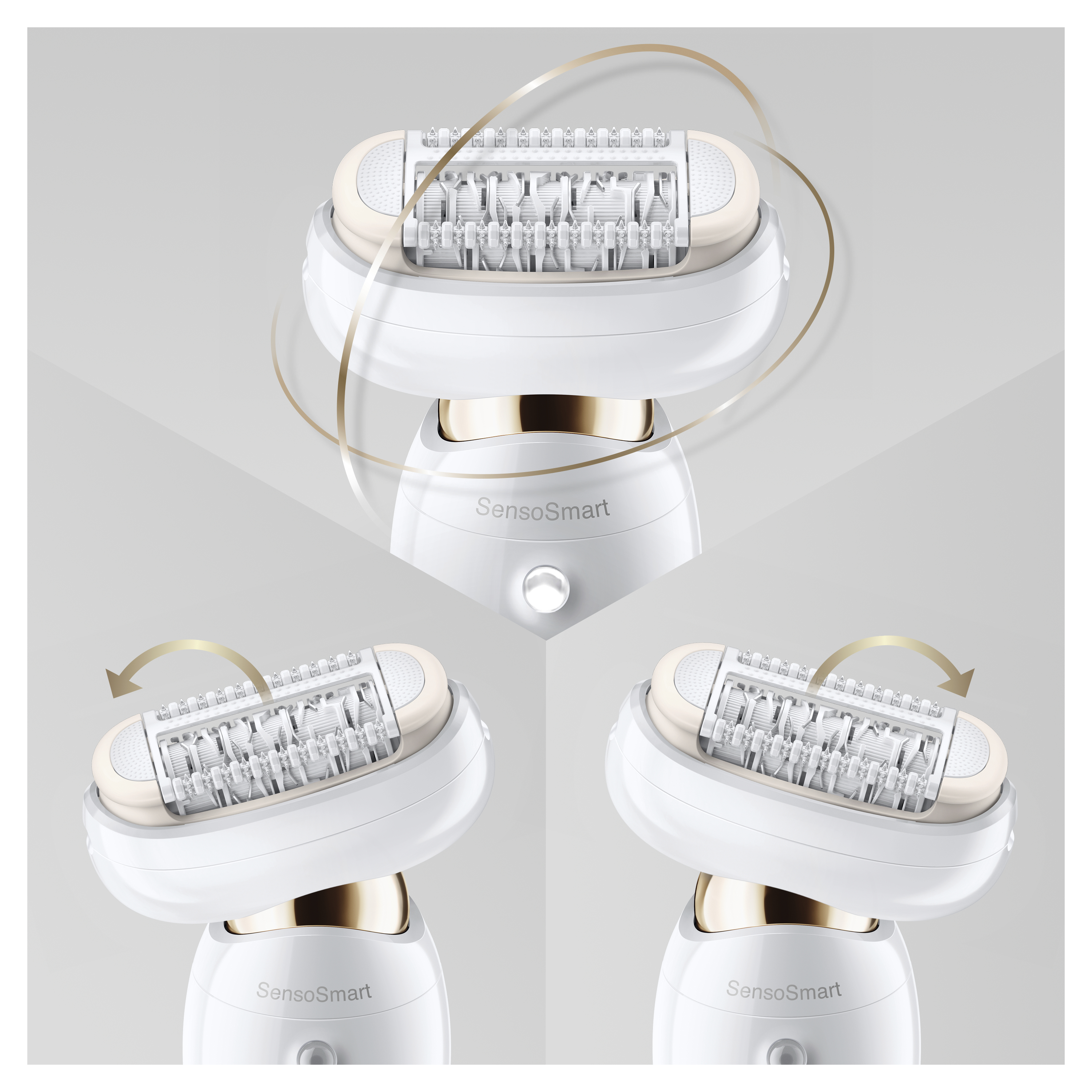 Elektryczna golarka z trzema różnymi kątami głowicy. Ma biało-złotą kolorystykę i napis "SensoSmart".